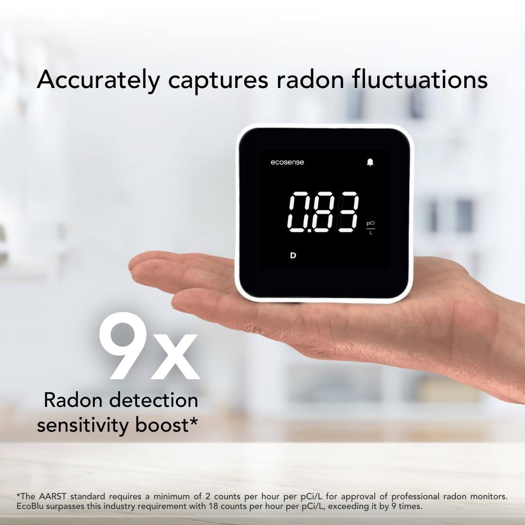 Accurately captures radon fluctuations

9x Radon detection sensitivity boost*

*The AARST standard requires a minimum of 2 counts per hour per pCi/L for approval of professional radon monitors. EcoBlu surpasses this industry requirement with 18 counts per hour per pCi/L, exceeding it by 9 times.