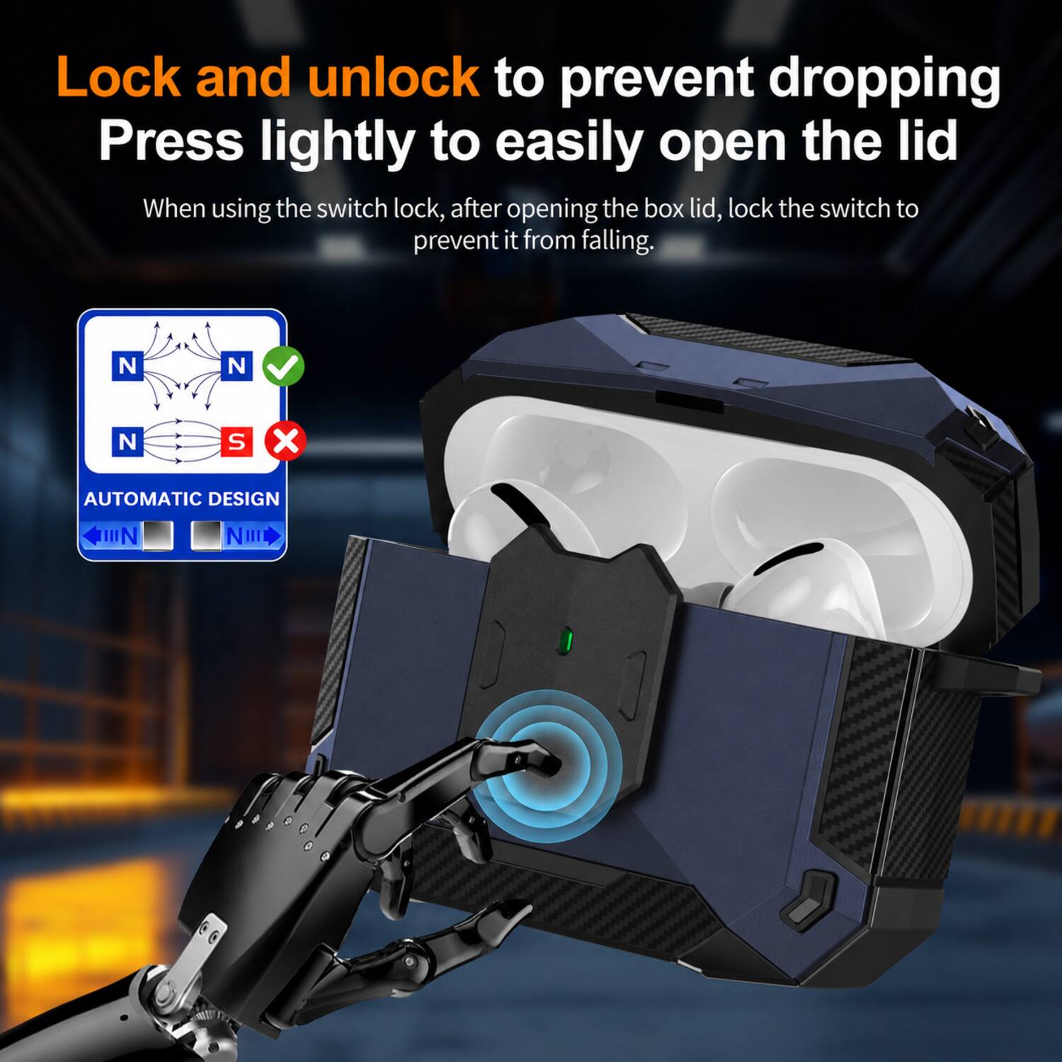 Lock and unlock to prevent dropping  
Press lightly to easily open the lid  

When using the switch lock, after opening the box lid, lock the switch to prevent it from falling.  

N N N S X  
AUTOMATIC DESIGN III IIN NIII