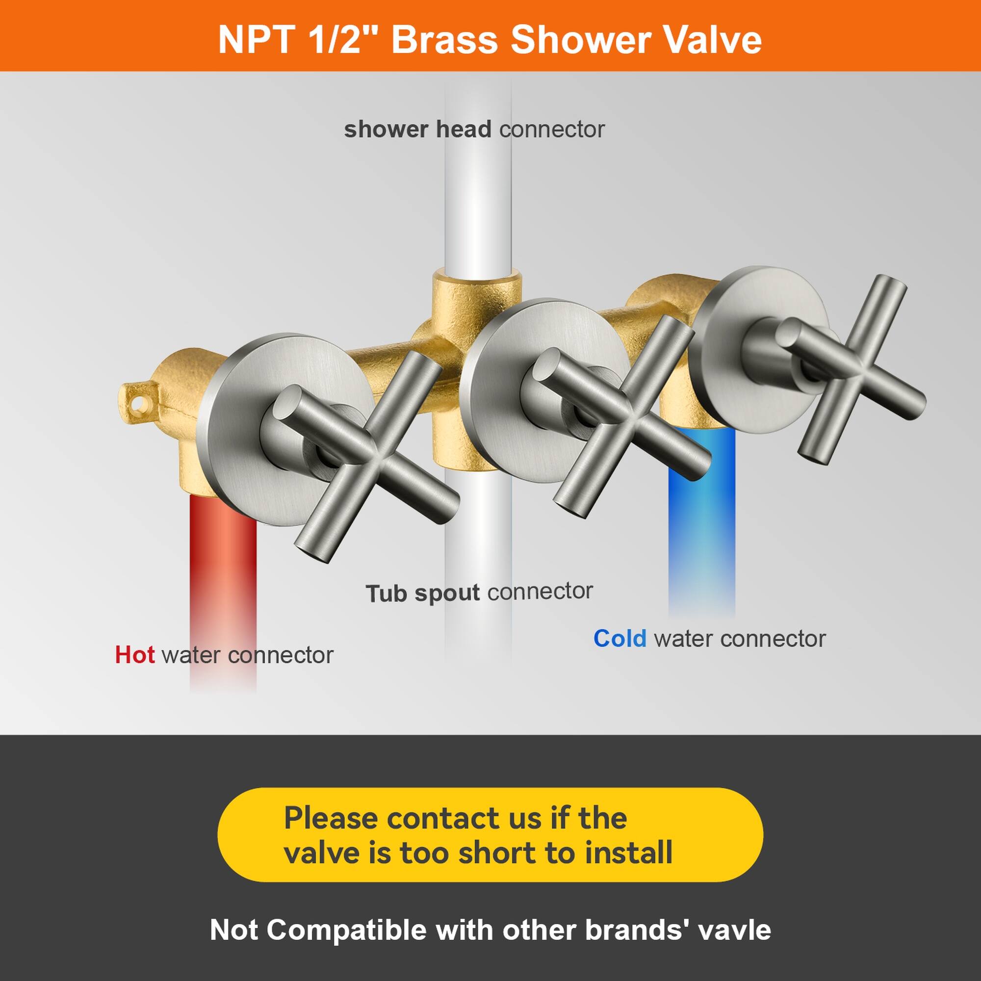 NPT 1/2" Brass Shower Valve

- Shower head connector
- Tub spout connector
- Hot water connector
- Cold water connector

Please contact us if the valve is too short to install

Not Compatible with other brands' valve