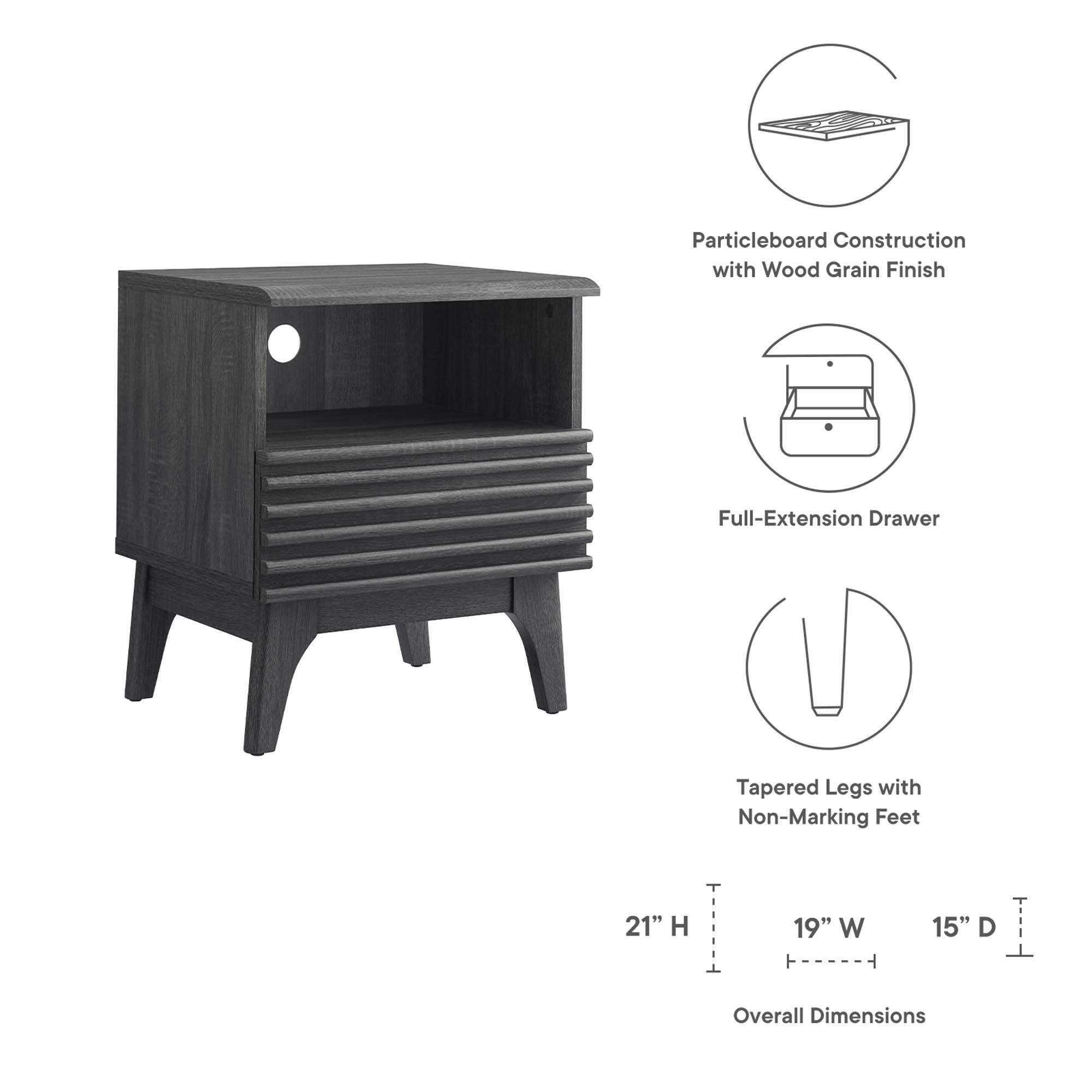 Particleboard Construction with Wood Grain Finish  
Full-Extension Drawer  
Tapered Legs with Non-Marking Feet  

Overall Dimensions:  
21" H x 19" W x 15" D