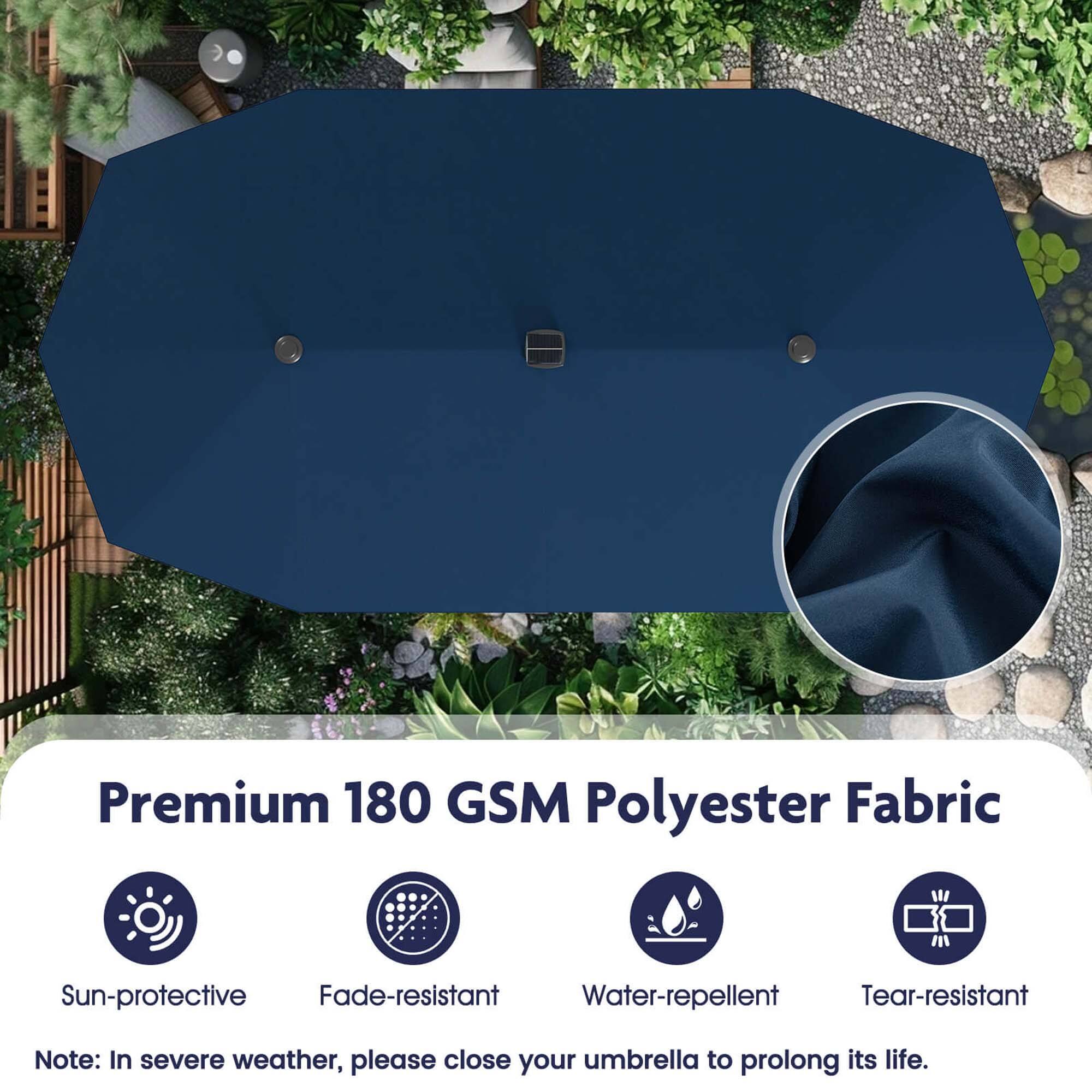 Premium 180 GSM Polyester Fabric Sun-protective Fade-resistant Water-repellent Tear-resistant Note: In severe weather, please close your umbrella to prolong its life.