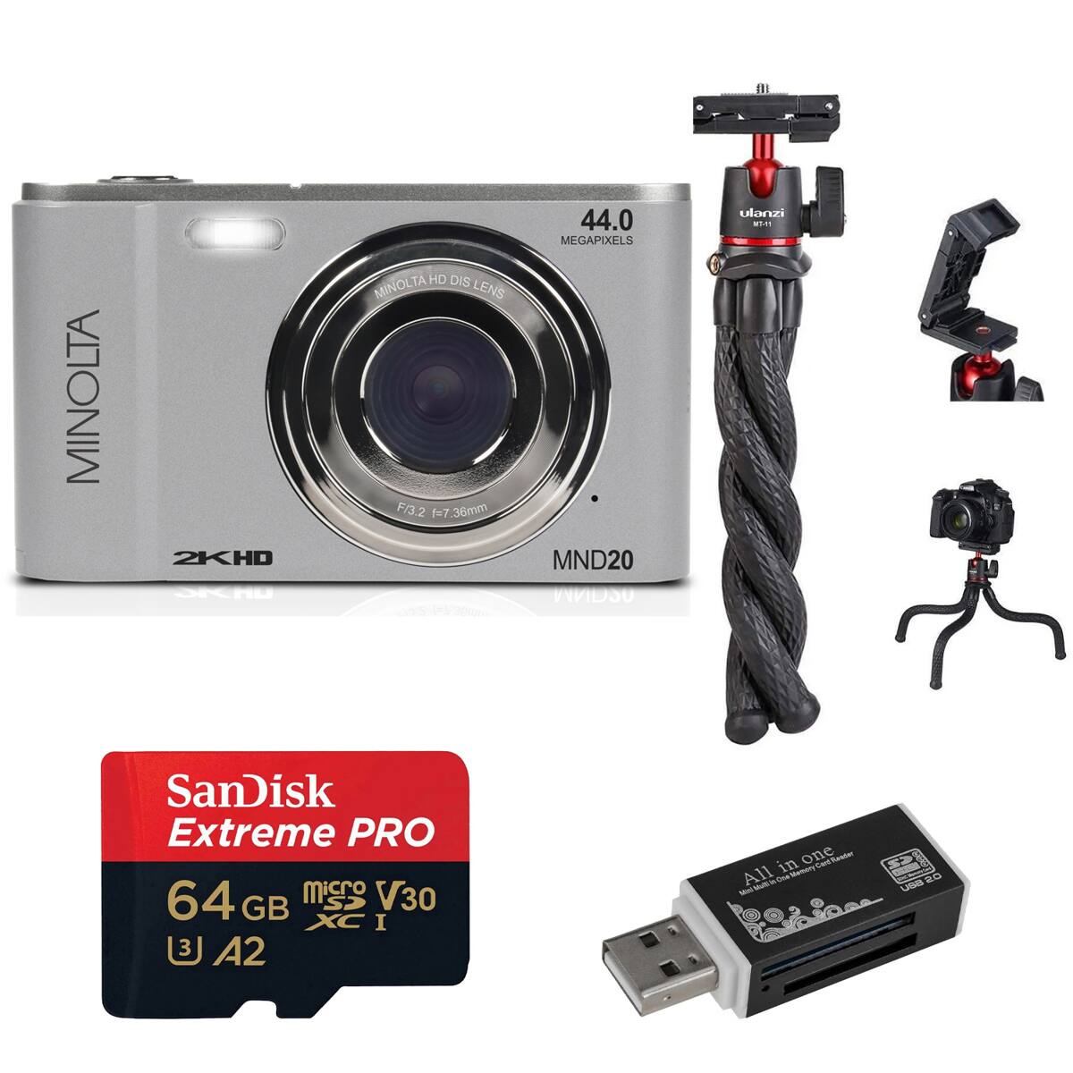 MINOLTA 2KHD  
MINOLTA HD DIS LENS F/3.2 f=7.36mm  
44.0 MEGAPIXELS  
MND20  

SanDisk Extreme PRO  
64 GB  
microSDXC I  
V30  
A2  

All in one  
Multi-Card Reader