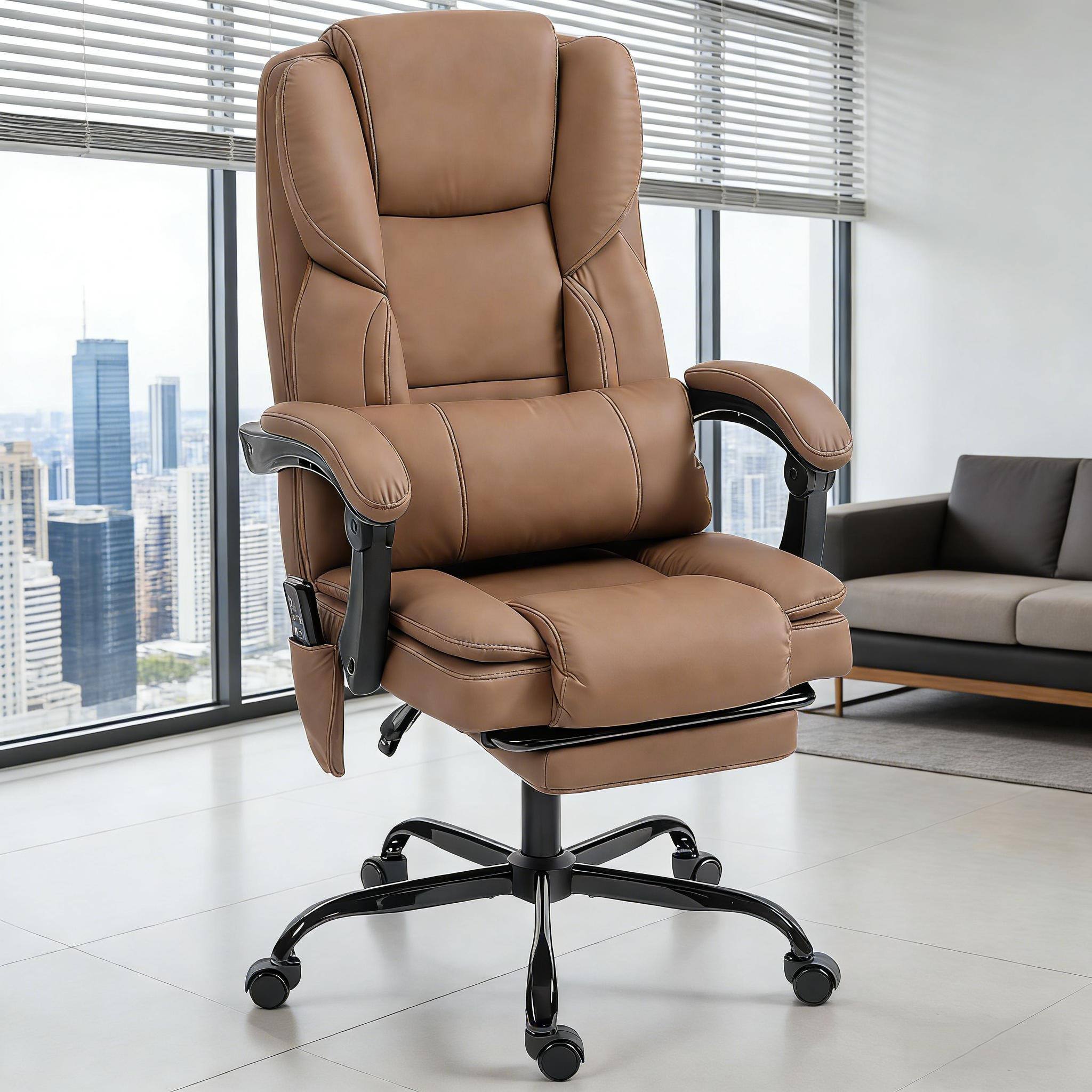 Alt View 2. Forest'nSky - Reclining Massage Office Chair - PU Leather Ergonomic Desk Chair with Lumbar Support, Brown - Brown.