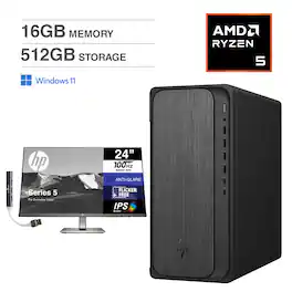 HP - OmniDesk Desktop (Ryzen 5, 16GB, 512GB SSD, WiFi 6, Win 11 Home) Bundle with single Monitor 24 inch and USB Hub - Gray Wood