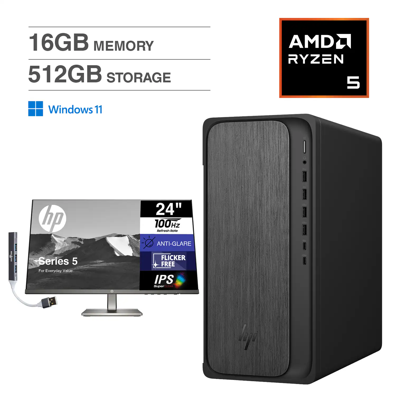 HP - OmniDesk Desktop (Ryzen 5, 16GB, 512GB SSD, WiFi 6, Win 11 Home) Bundle with single Monitor 24 inch and USB Hub - Gray Wood