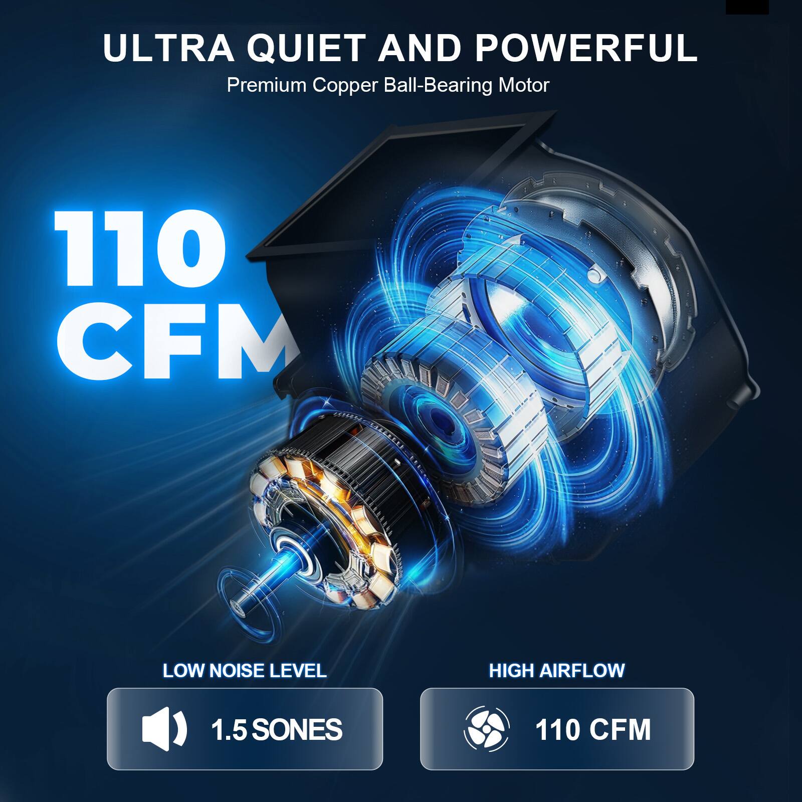 ULTRA QUIET AND POWERFUL  
Premium Copper Ball-Bearing Motor  

110 CFM  

LOW NOISE LEVEL  
1.5 SONES  

HIGH AIRFLOW  
110 CFM
