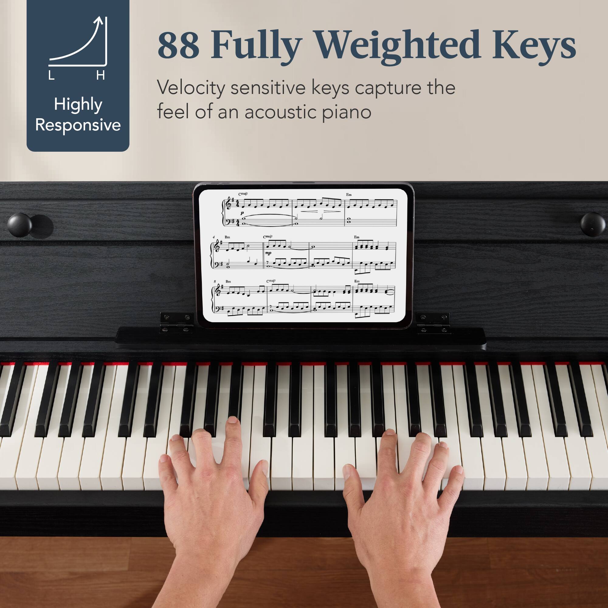 88 Fully Weighted Keys

Velocity sensitive keys capture the feel of an acoustic piano

Highly Responsive