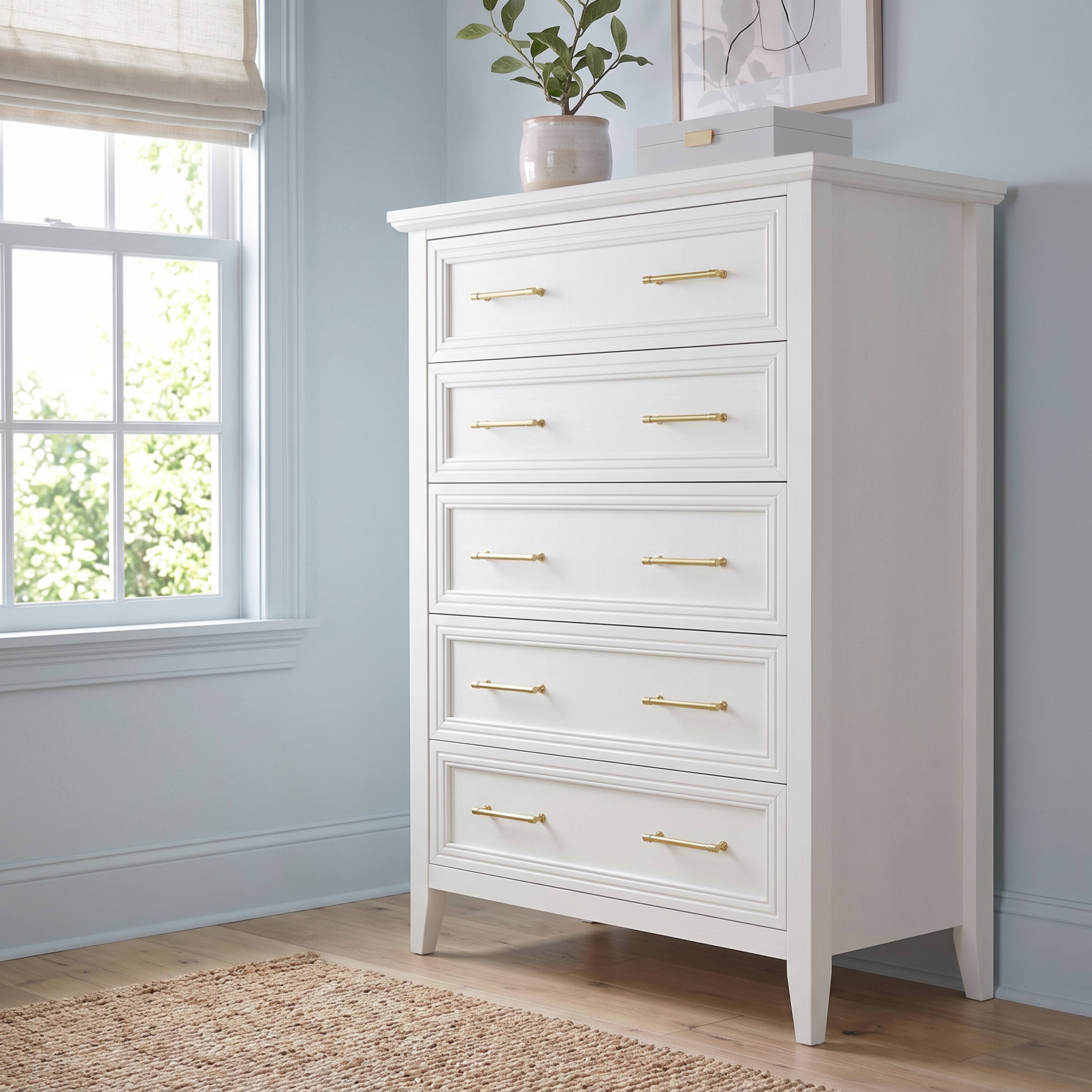 Front. Martha Stewart - Bedford Shaker 5-Drawer Chest with Premium Hardware and Solid Wood Frame - White.
