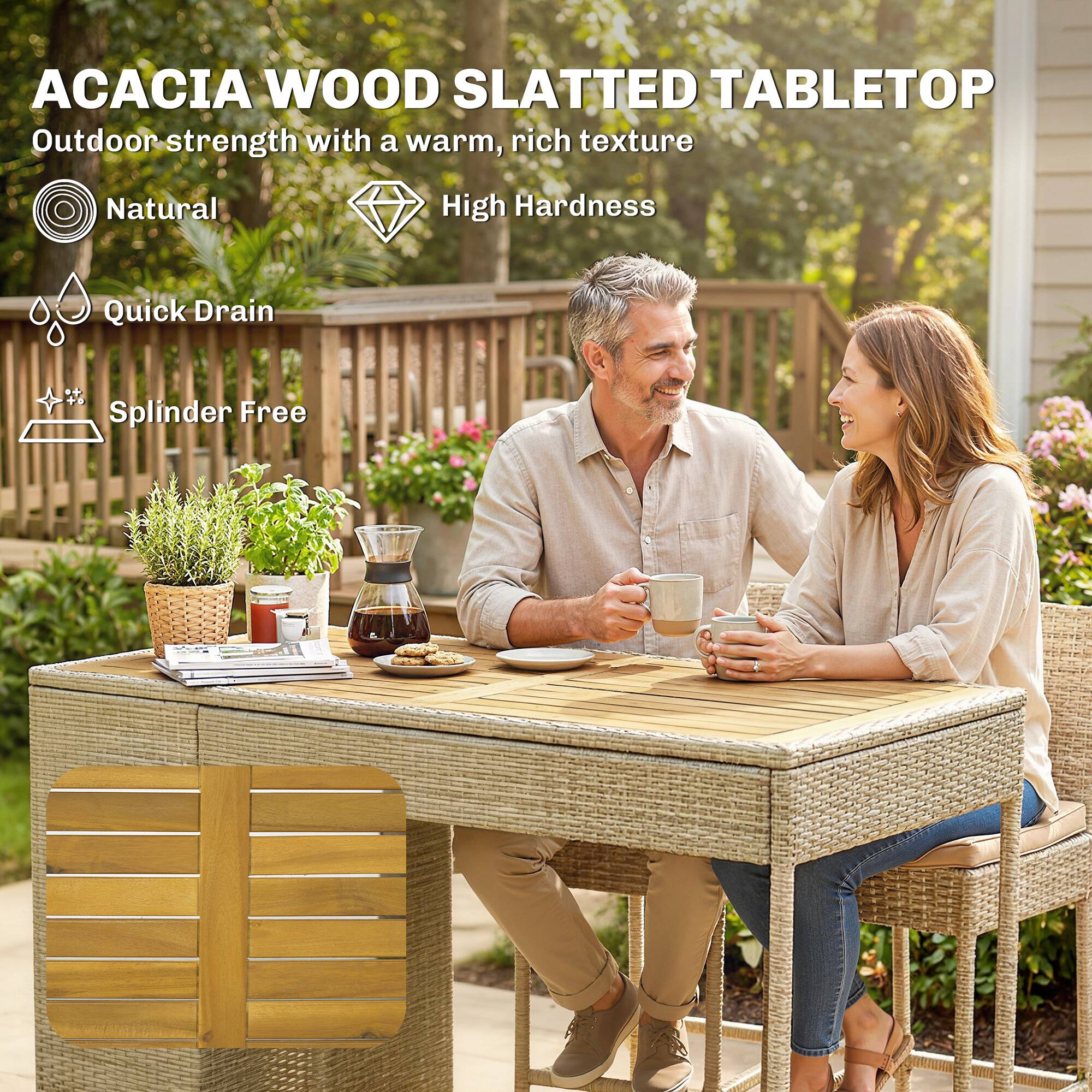 ACACIA WOOD SLATTED TABLETOP

Outdoor strength with a warm, rich texture

- Natural
- High Hardness
- Quick Drain
- Splinter Free