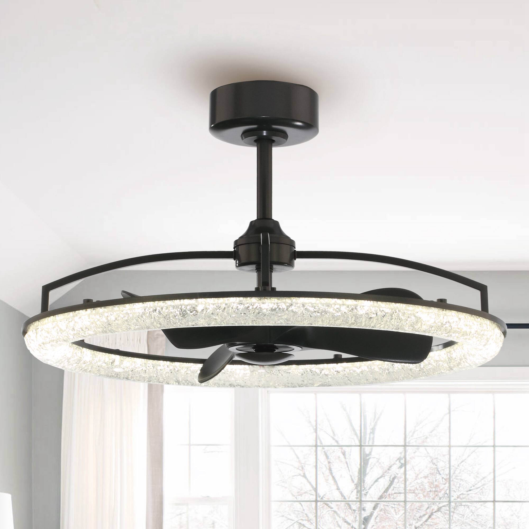 Front. Perimost - 32" Modern Matte Black Resin LED Chandelier Ceiling Fan with Light and Remote, DC Reversible Motor - Black.