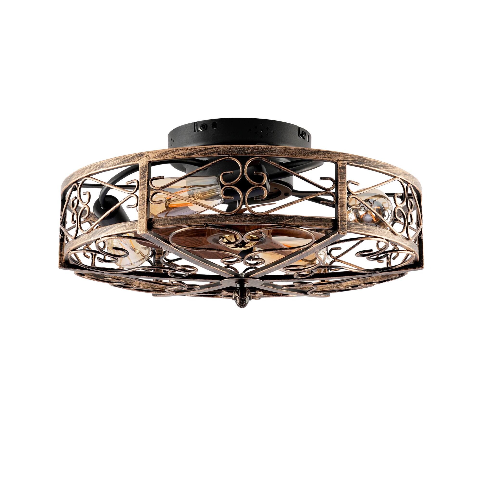 Alt View 4. Sofucor - 20'' Rustic Caged Flush Mount Ceiling Fan w/Lights & Remote Vintage Bladeless Ceiling Fan Reversible Farmhouse Bedroom - Antique Bronze.