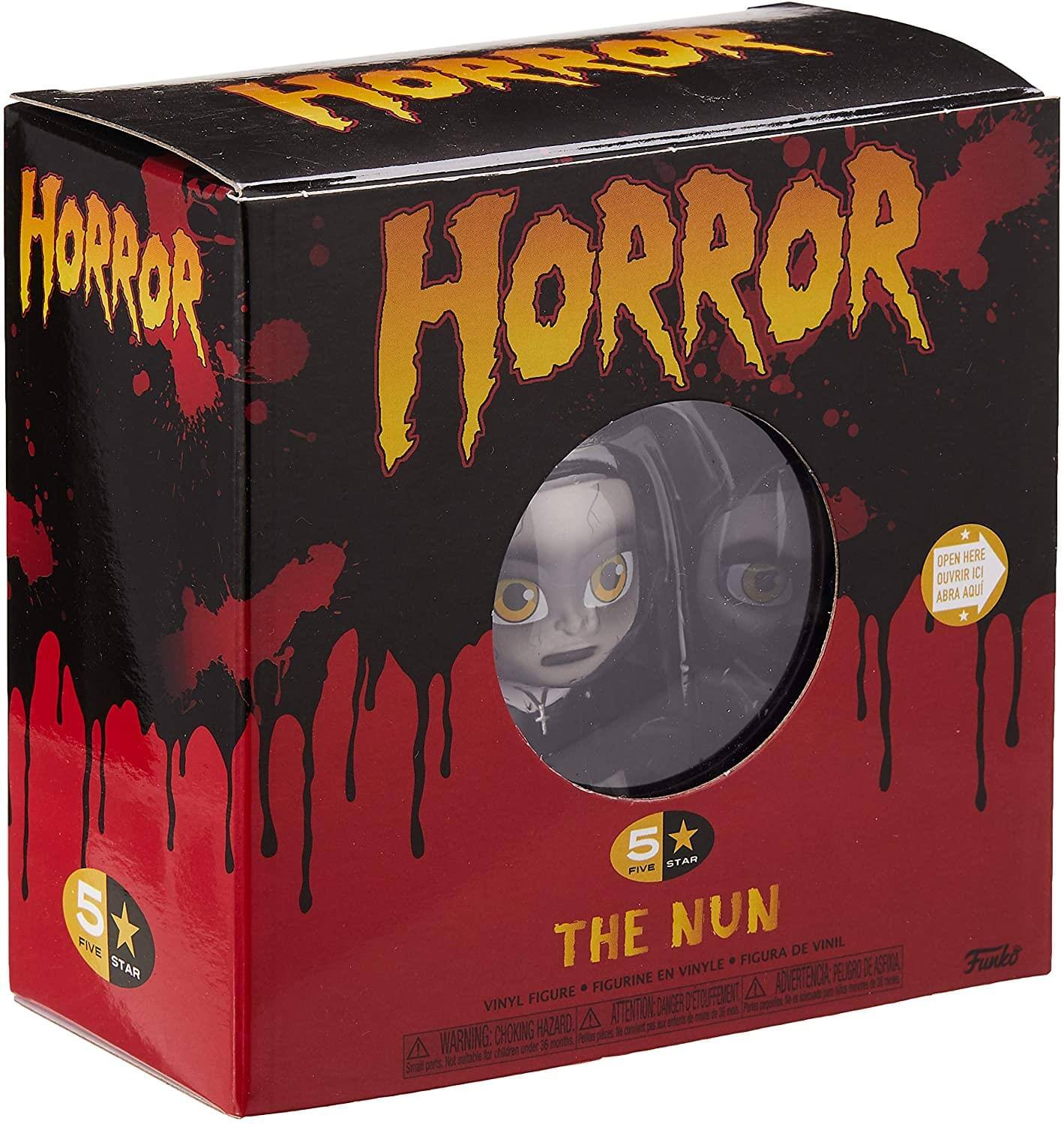 HORROR  
HORROR  

5 STAR  
THE NUN  

VINYL FIGURE • FIGURINE EN VINYLE • FIGURA DE VINIL  

WARNING: CHOKING HAZARD. Small parts. Not for children under 3 years.  
ADVERTENCIA: PEQUEÑOS PIEZAS. NO ALCANZABLES PARA NIÑOS MENORES DE 3 AÑOS.  
ATTENTION: RISQUE DE SOUFFOCATION. Petite pièce. Ne convient pas aux enfants de moins de 3 ans.  

OPEN HERE  
OUVRIR ICI  
ABRA AQUI