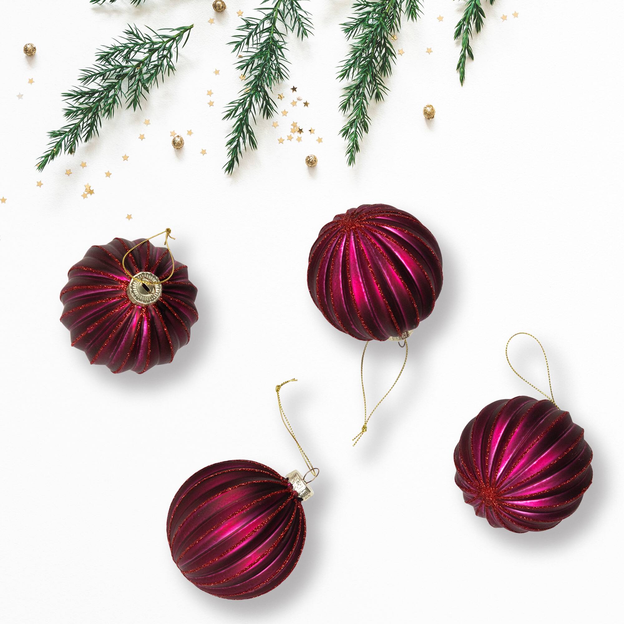 Front. Northlight - Ribbed Glittered Glass Ball Christmas Ornaments - 3" (75mm) - Maroon - 4ct - Pink.