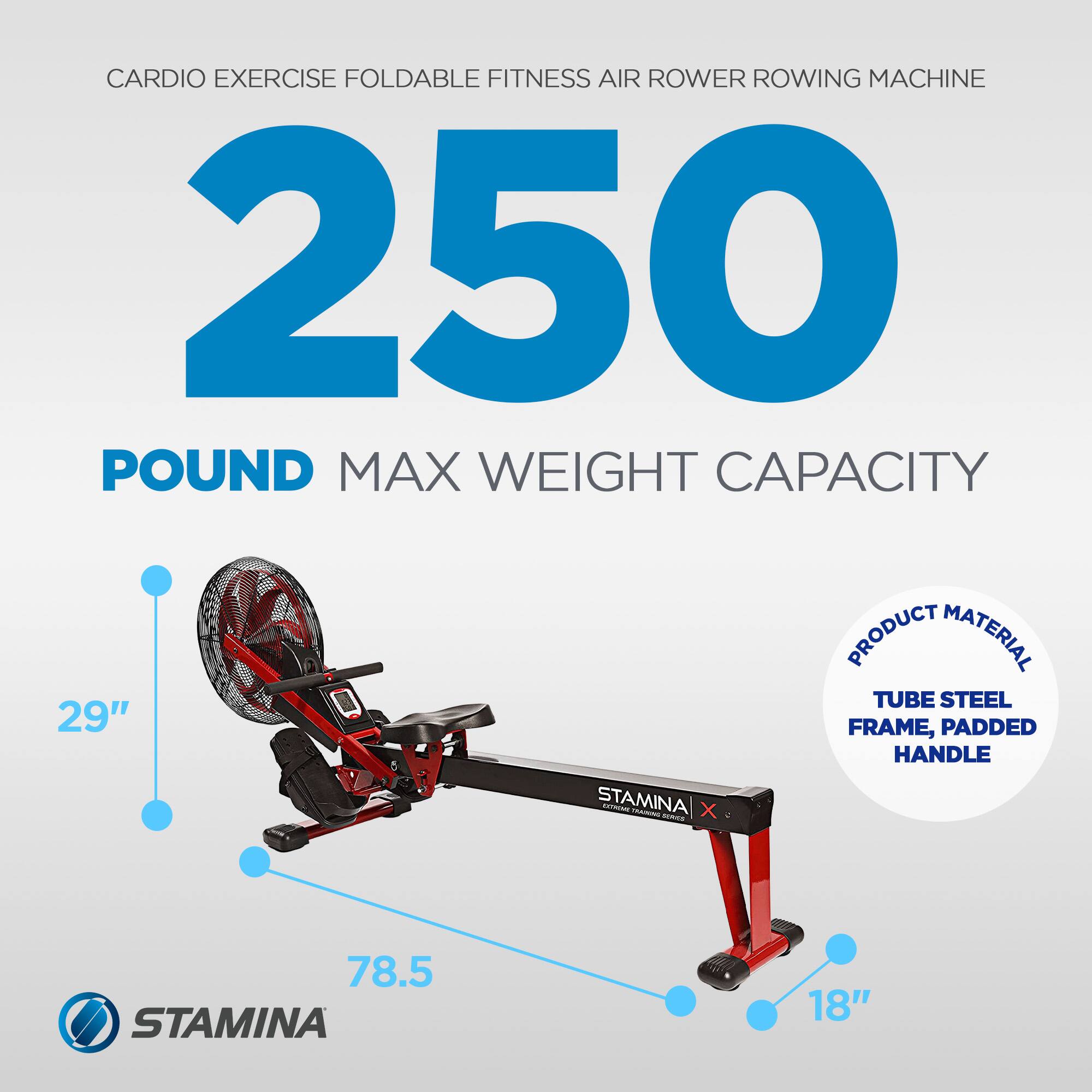 CARDIO EXERCISE FOLDABLE FITNESS AIR ROWER ROWING MACHINE  
250 POUND MAX WEIGHT CAPACITY  
PRODUCT MATERIAL: TUBE STEEL FRAME, PADDED HANDLE  
29" FRAME  
78.5"  
18"  
STAMINA SEYTIAN