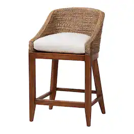 bali & pari - Jasper Seagrass Counter Stool with Mahogany Wood Frame - Seating with Woven Wingback and Cushioned Seat - Brown Wash