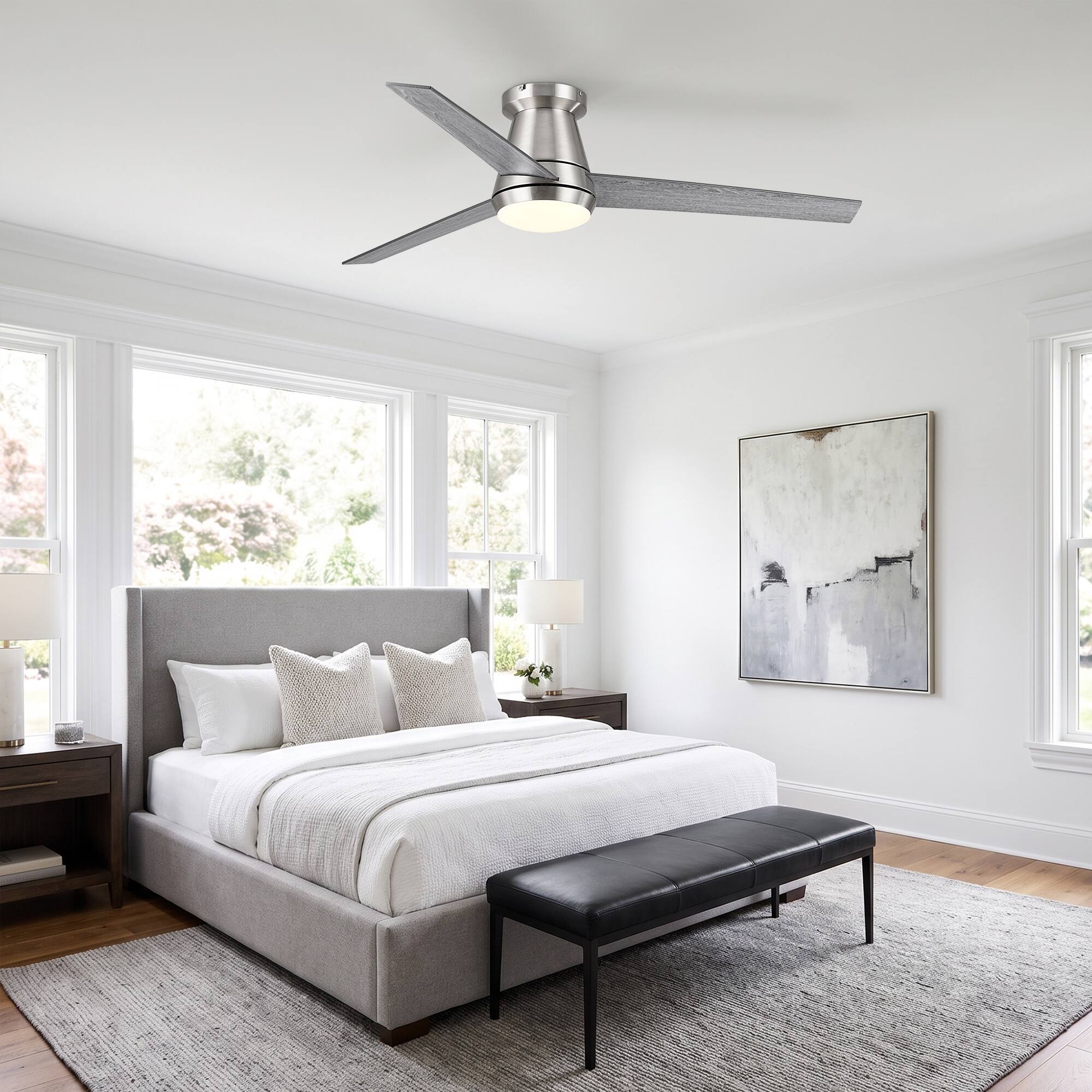 Back. Vaczon - 52" Modern Reversible Blades Smart Flush Mount Ceiling Fan with App Control and Dimmable LED Light - Satin Nickle.