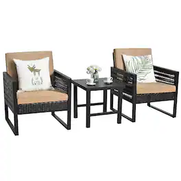 Costway - 3PCS Patio Rattan Bistro Furniture Set Cushioned Sofa Chair Coffee Table Garden - Black & Brown