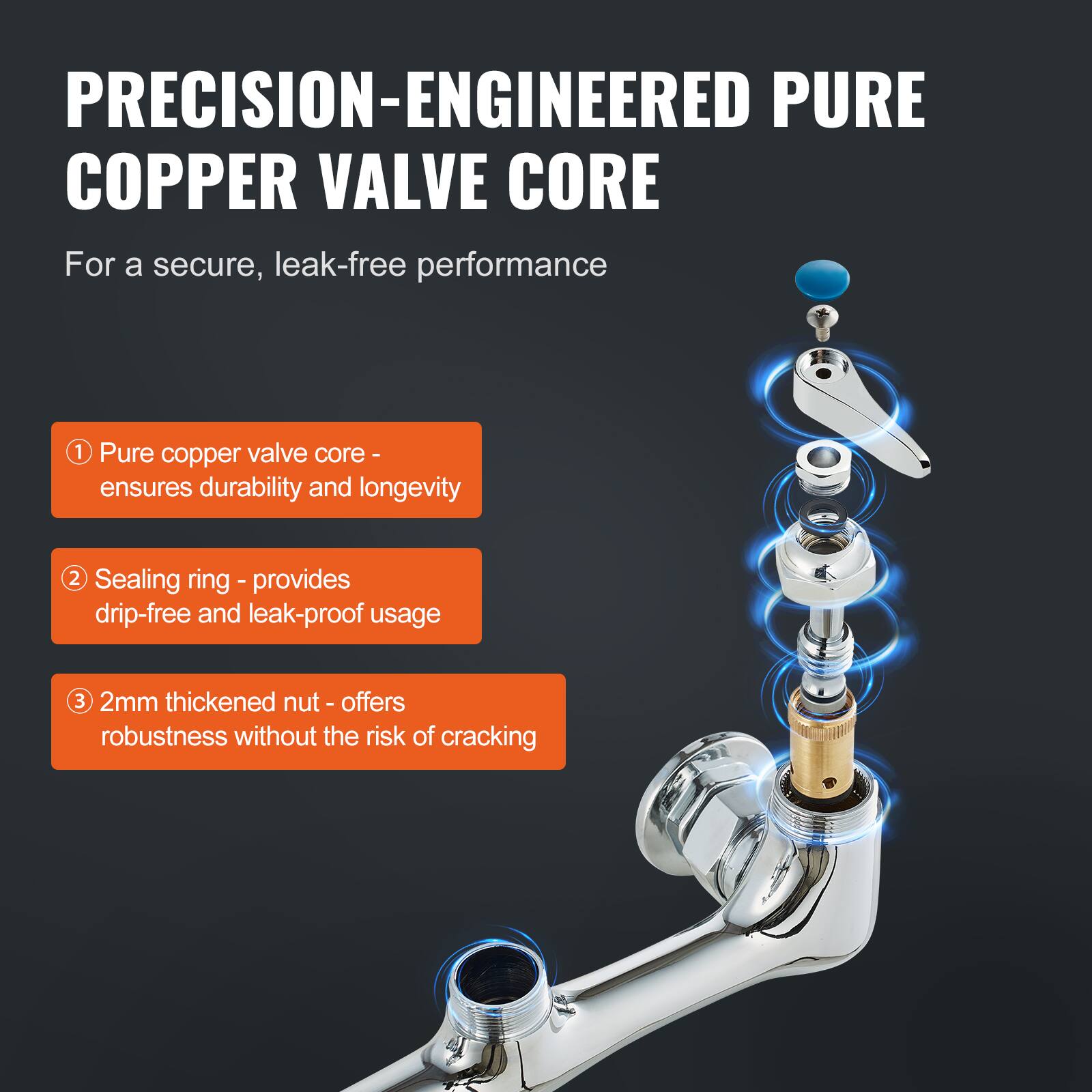 PRECISION-ENGINEERED PURE COPPER VALVE CORE  
For a secure, leak-free performance  

1. Pure copper valve core - ensures durability and longevity  
2. Sealing ring - provides drip-free and leak-proof usage  
3. 2mm thickened nut - offers robustness without the risk of cracking