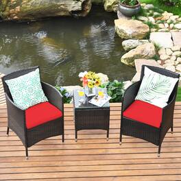 Gymax - 3PCS Patio Rattan Chair & Table Furniture Set Outdoor w/ Cushion - Red
