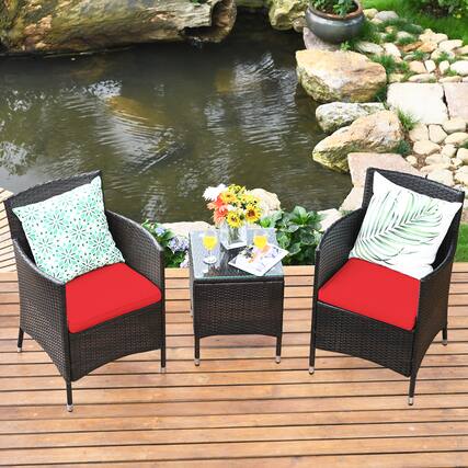 Front. Gymax - Gymax 3PCS Patio Rattan Chair & Table Furniture Set Outdoor w/ Red Cushion - Red.