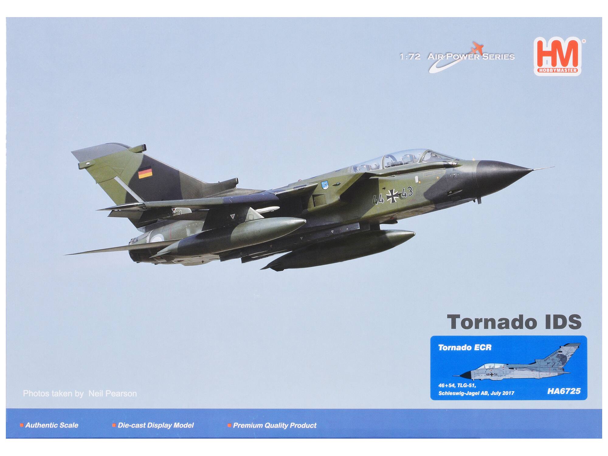 1:72 AIR POWER SERIES  
HM HOBBYMASTER

44 *43  
Tornado IDS  
Tornado ECR  
Photos taken by Neil Pearson  
46+54, TLG-51, Schleswig-Jagel AB, July 2017  
HA6725  
Authentic Scale  
Die-cast Display Model  
Premium Quality Product