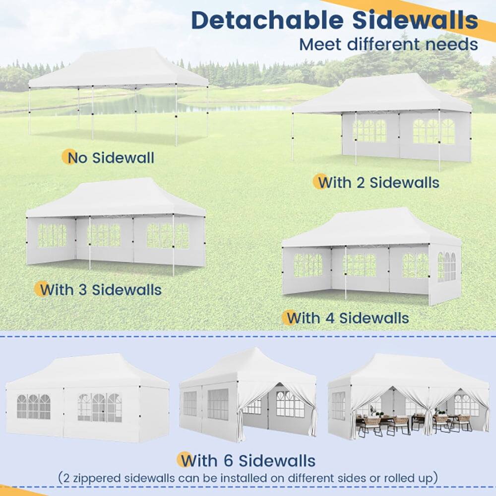 Detachable Sidewalls  
Meet different needs  

- No Sidewall  
- With 2 Sidewalls  
- With 3 Sidewalls  
- With 4 Sidewalls  
- With 6 Sidewalls  
  (2 zippered sidewalls can be installed on different sides or rolled up)