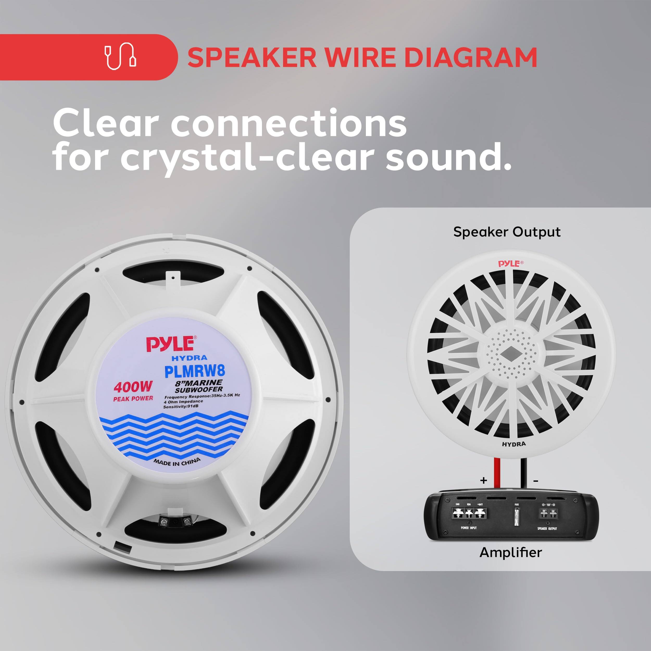 SPEAKER WIRE DIAGRAM  
Clear connections for crystal-clear sound.  

Speaker Output  
PYLE HYDRA PLMRW8  
400W 8" MARINE SUBWOOFER  
Response: 25-120Hz  
FS: 25Hz  
PEAK POWER: 400W  
MADE IN CHINA  

Amplifier