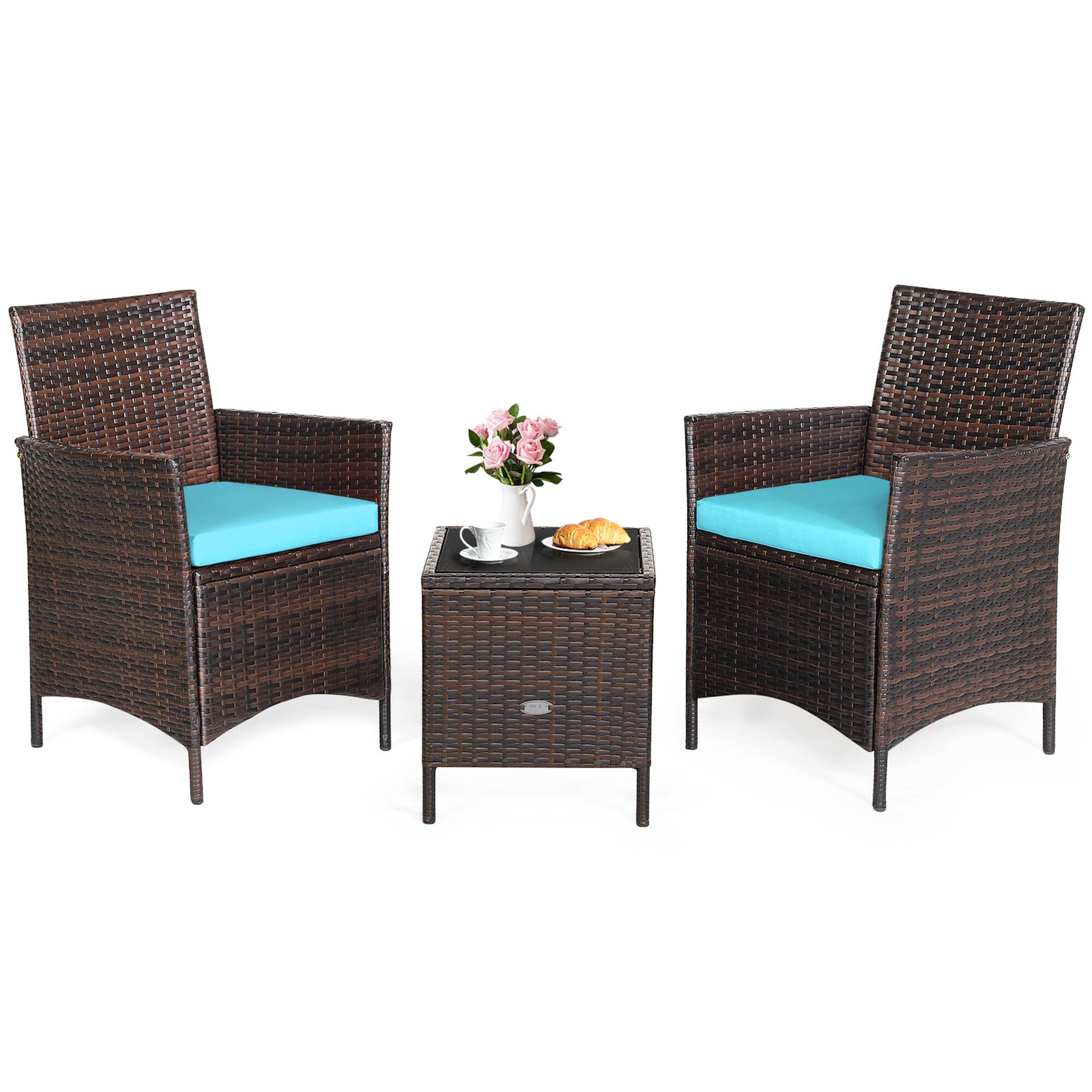 Alt View 1. Gymax - Gymax 3PCS Outdoor Rattan Conversation Set Patio Furniture Set w/ Blue Cushions - Brown.