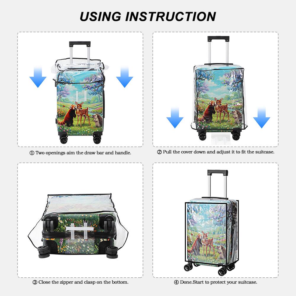 USING INSTRUCTION

1. Two openings aim the draw bar and handle.
2. Pull the cover down and adjust it to fit the suitcase.
3. Close the zipper and clasp on the bottom.
4. Done. Start to protect your suitcase.
