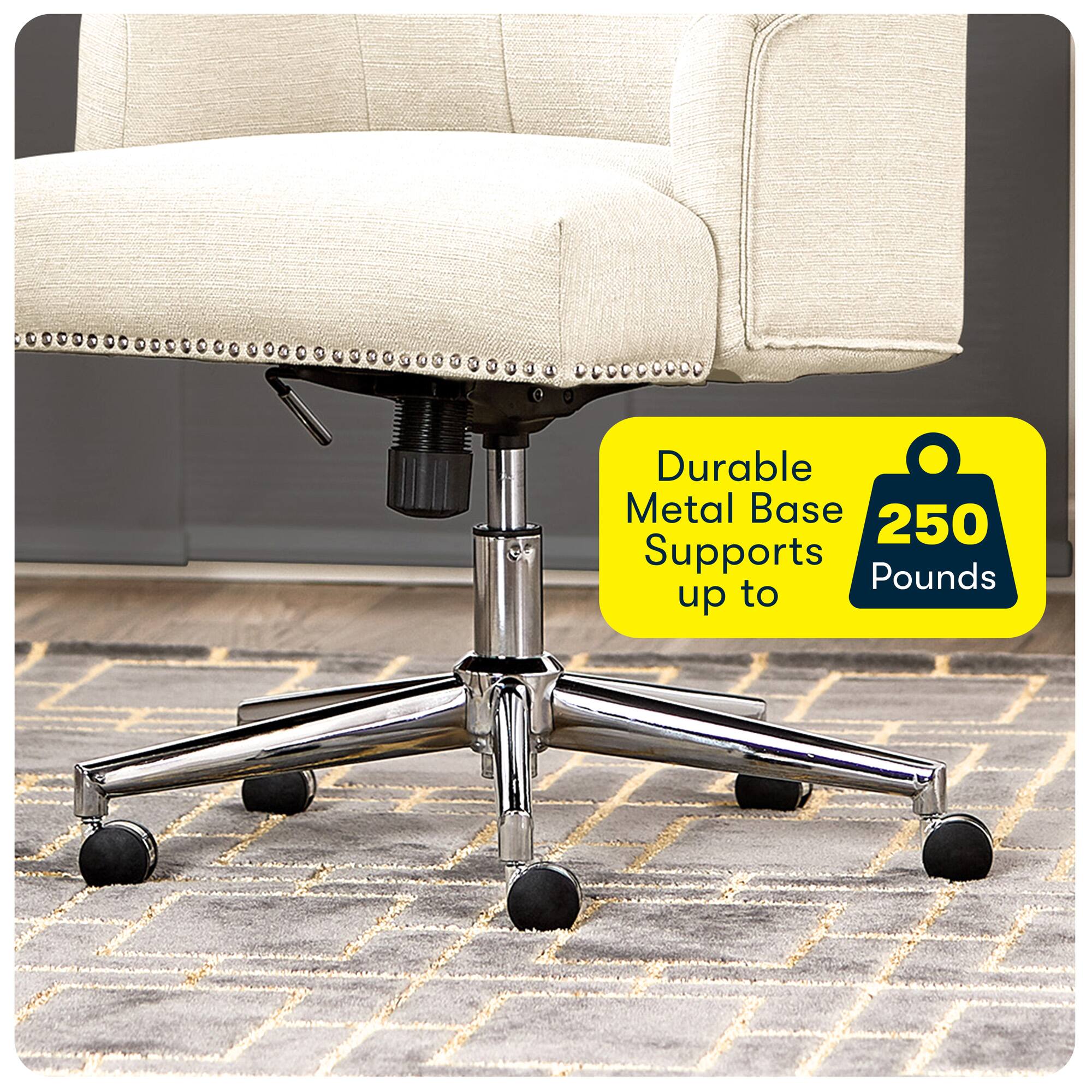 The image features a white chair with a metal base, which is described as durable and capable of supporting up to 250 pounds. The chair is placed on a carpeted floor, and the metal base is prominently visible. The chair appears to be comfortable and well-designed, making it suitable for various settings, such as an office or a living room.