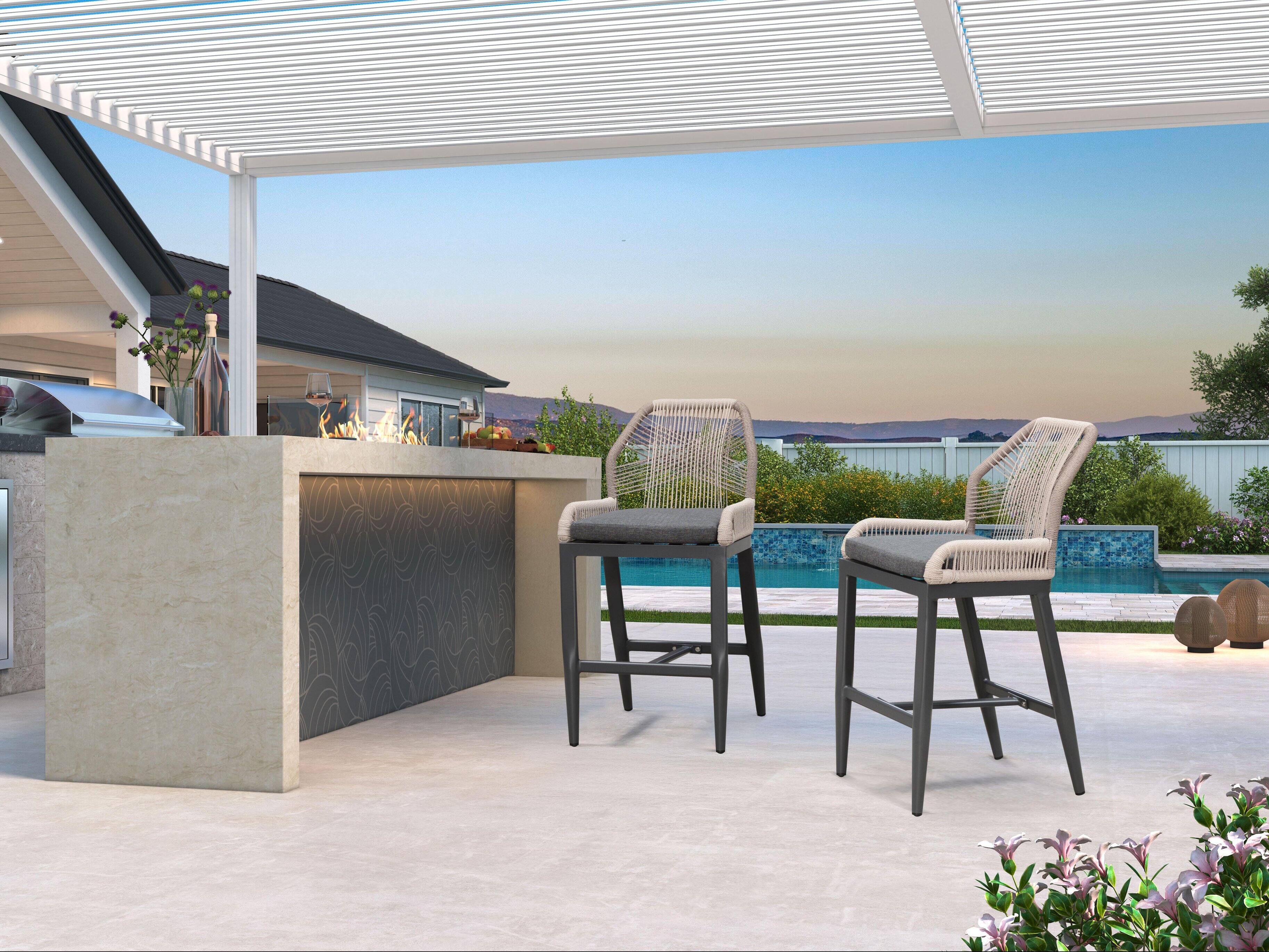 Alt View 1. PURPLE LEAF - Patio Outdoor Bar Stool Counter Height Set of 2 Rattan Chair with Back Modern Aluminum Woven Barstools for Garden Indoor - Grey-Counter Stool.