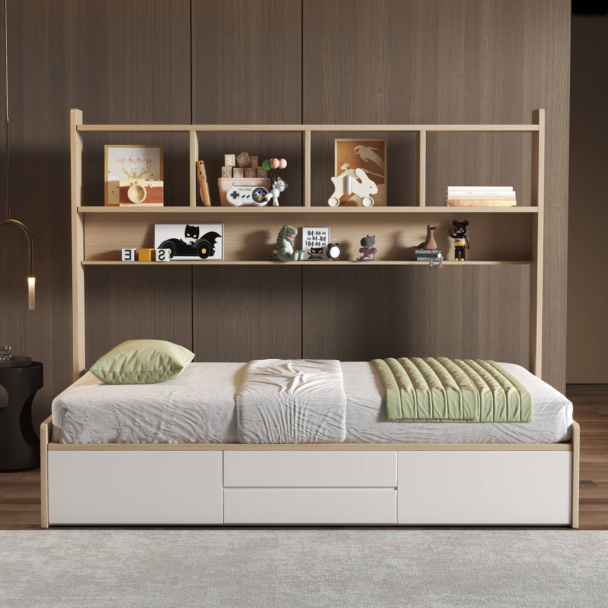 Left. luck idea - 83.85" Kids' Bed with Four Drawers and Bookshelf - Natural Color.