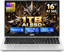 NIMO - 16 Laptop, AMD Ryzen AI 9 365, 32GB LPDDR5, 1TB PCIe 4.0 AI SSD, Fingerprint Reader, Backlit KB, WiFi 6 - Silver