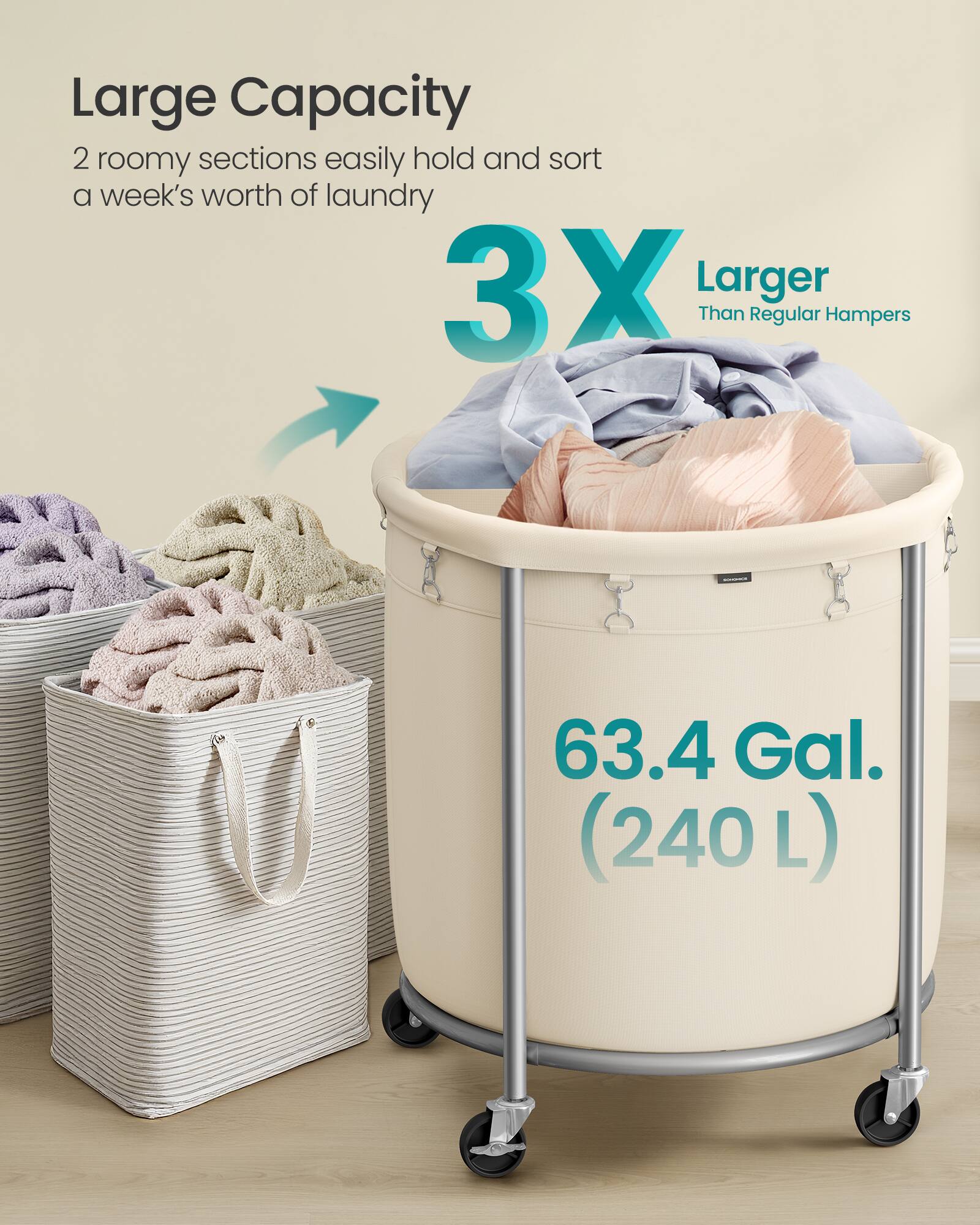 Large Capacity  
2 roomy sections easily hold and sort a week's worth of laundry  

3X Larger Than Regular Hampers  

63.4 Gal. (240 L)