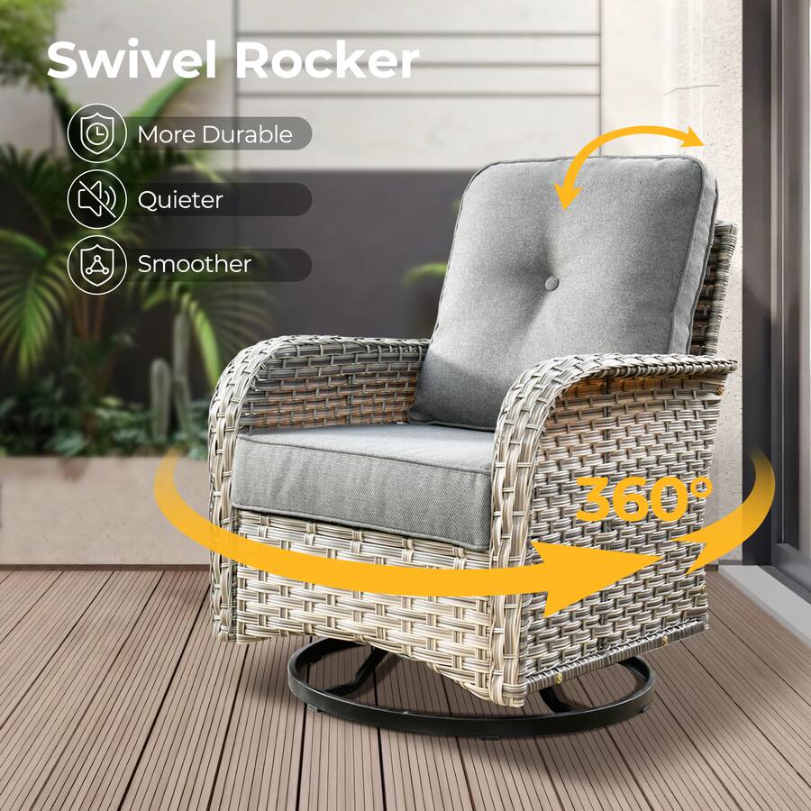 Outside Swivel Rattan Rocker Ovios 3 PCS Patio Rocker Set, Wicker Rocking Chairs, Rattan Swivel ...