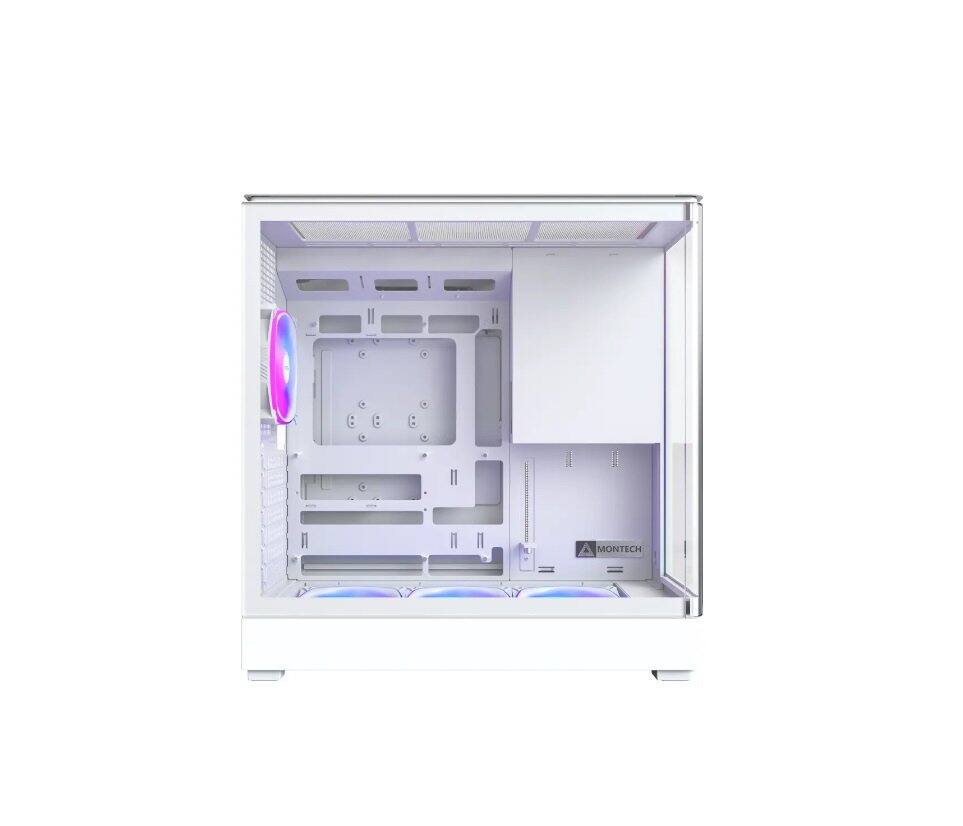 Left. Montech - MONTECH KING 45 PRO ATX Case, Curved Glass, Chimney Airflow, 360mm Radiator, 6 ARGB Fans, White - White.