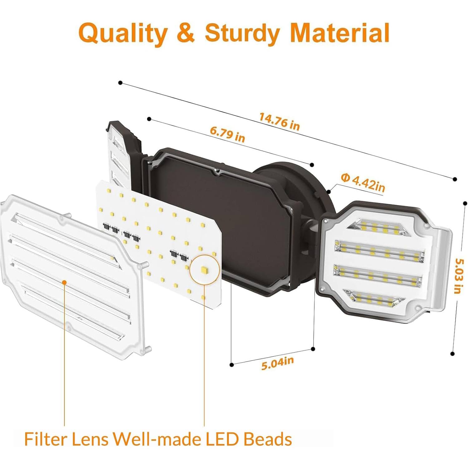 Quality & Sturdy Material

14.76 in  
6.79 in  
4.42 in  
5.03 in  
5.04 in  

Filter Lens Well-made LED Beads