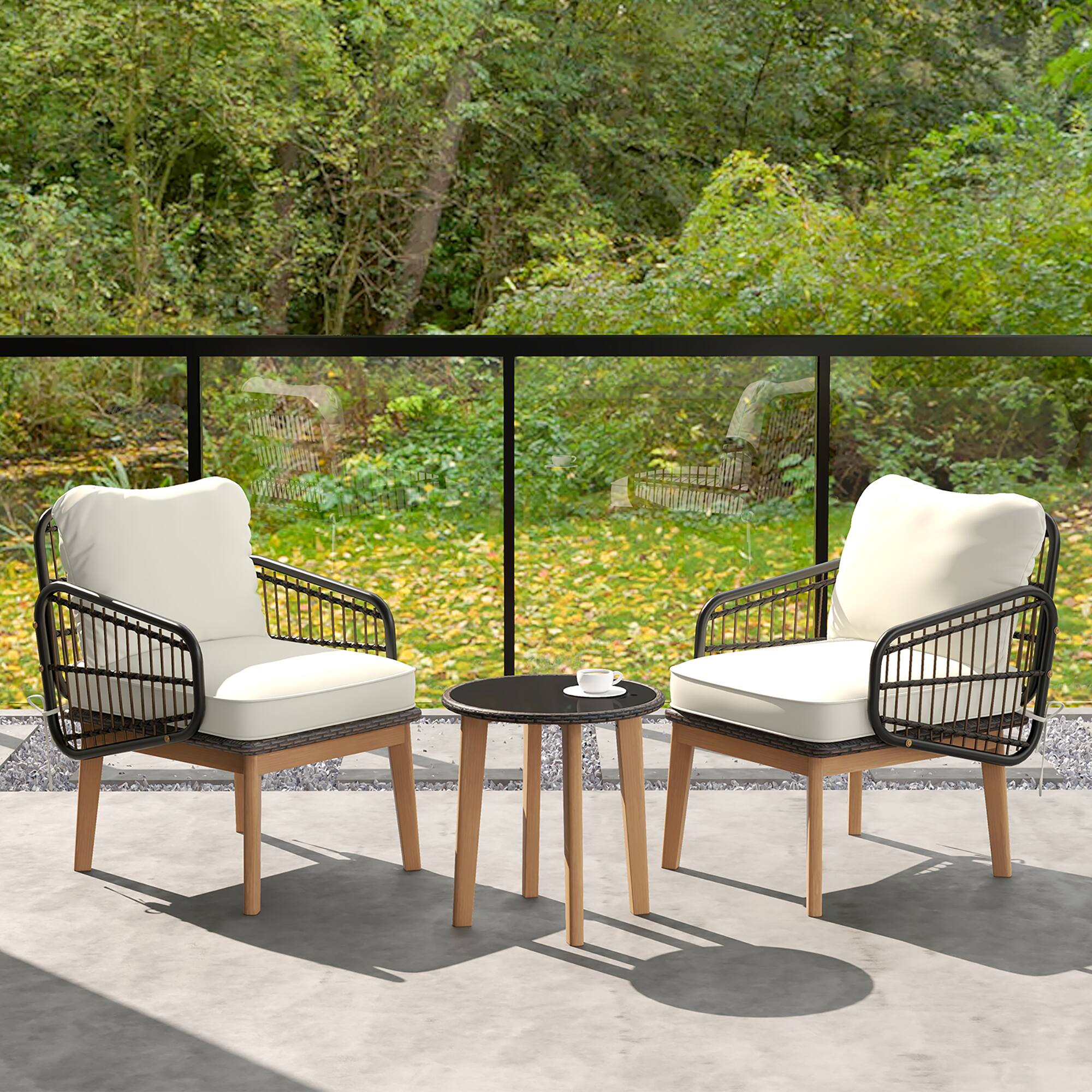Gymax - 3 Piece Patio Chair Set Wicker Chair & Side Table Set w/ Soft Cushions & Tempered Glass Tabletop - Mix Brown, White