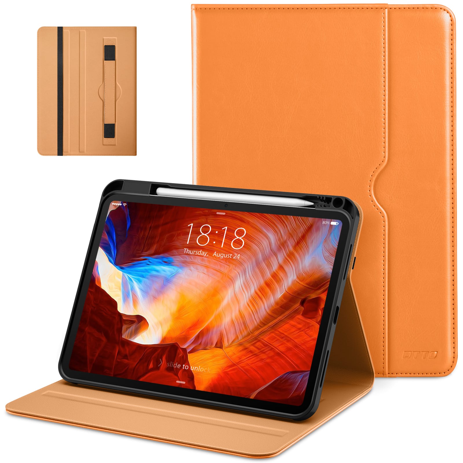 DTTO - Case for iPad Pro 11 Inch M5/M4,Premium Leather Business Folio Stand Cover with Pencil Holder, Auto Wake/Sleep - Orange