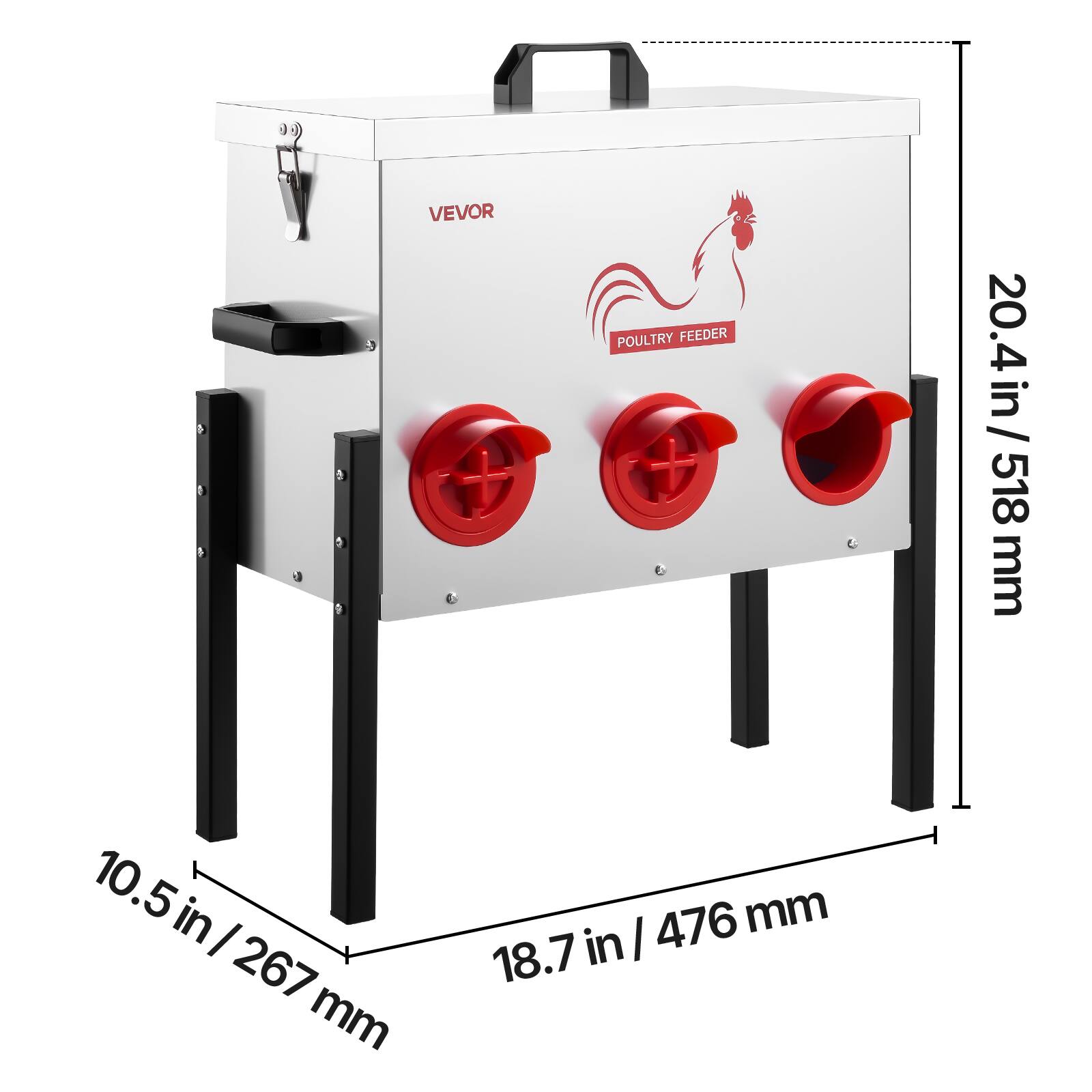 VEVOR POULTRY FEEDER  
20.4 in / 518 mm  
10.5 in / 267 mm  
18.7 in / 476 mm