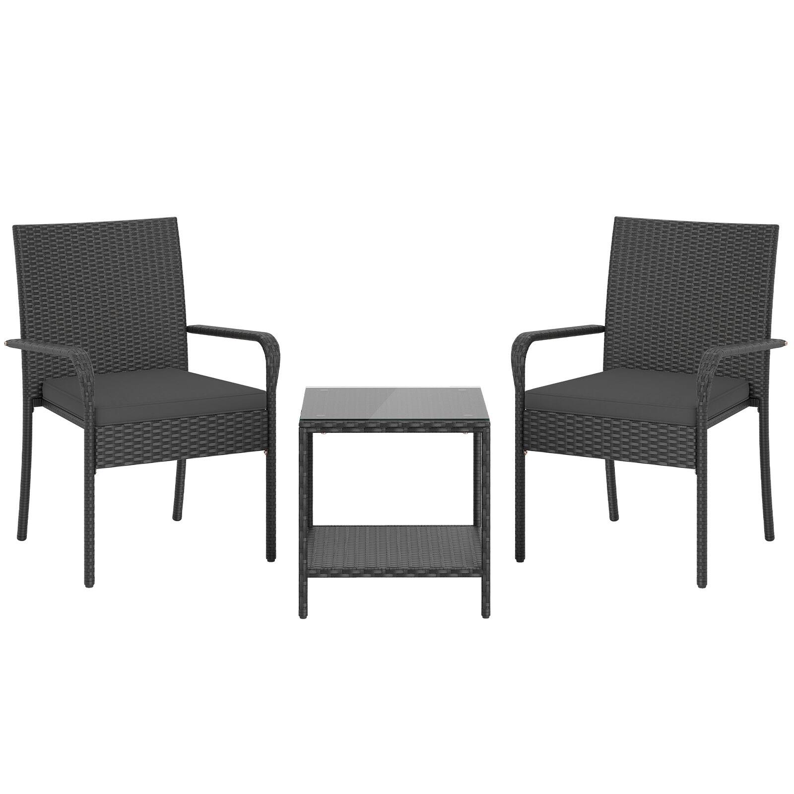 Alt View 9. Gymax - Gymax 3 Piece Patio Furniture Set Outdoor Wicker Chair & Table Set w/ Seat Cushions Black - Black.