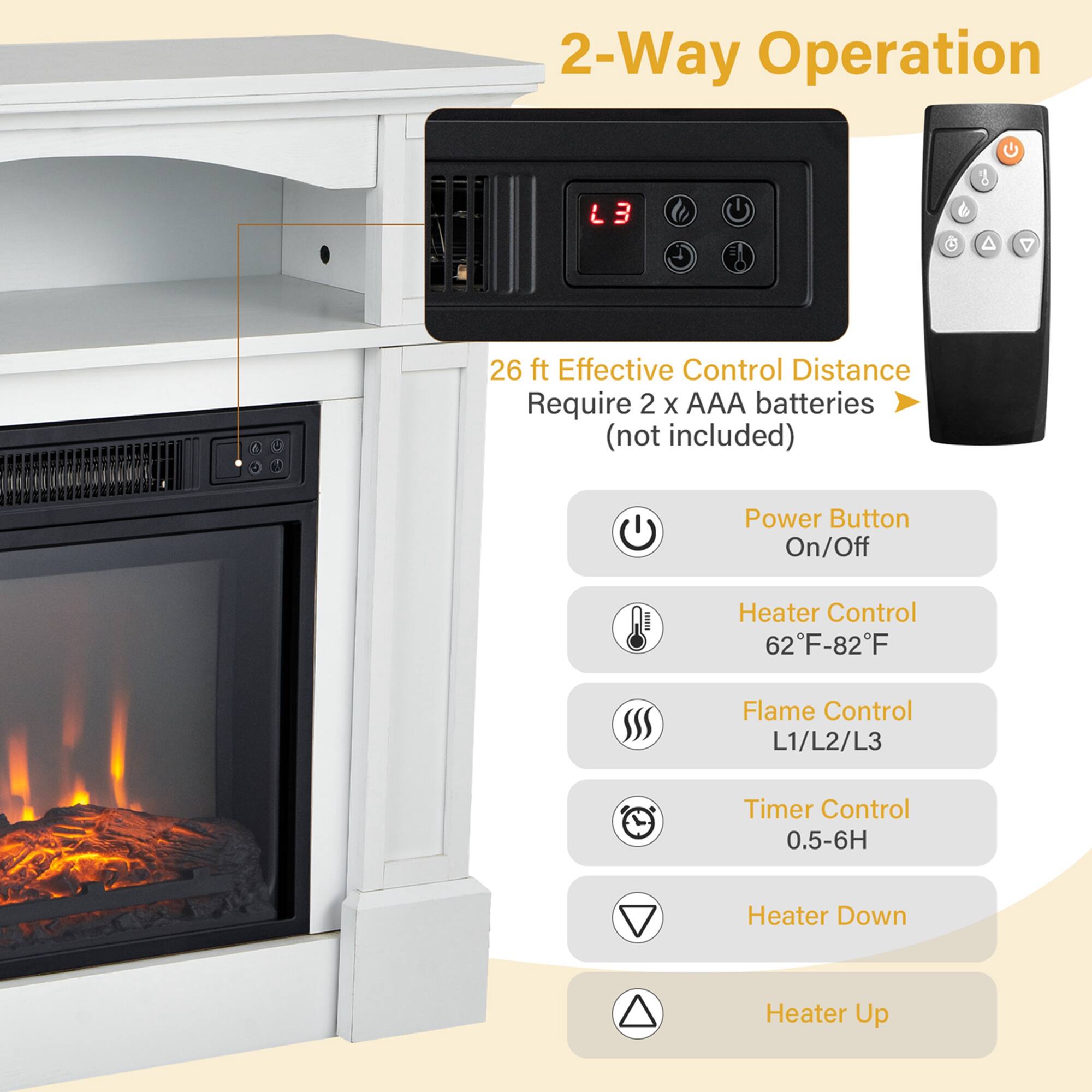 2-Way Operation

26 ft Effective Control Distance  
Require 2 x AAA batteries (not included)

Power Button  
On/Off

Heater Control  
62°F-82°F

Flame Control  
L1/L2/L3

Timer Control  
0.5-6H

Heater Down

Heater Up