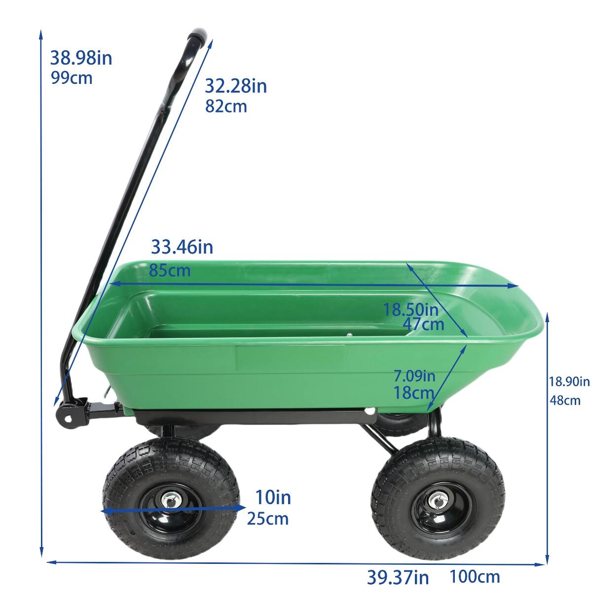 38.98in 99cm  
32.28in 82cm  
33.46in 85cm  
18.50in 47cm  
7.09in 18cm  
18.90in 48cm  
10in 25cm  
39.37in 100cm