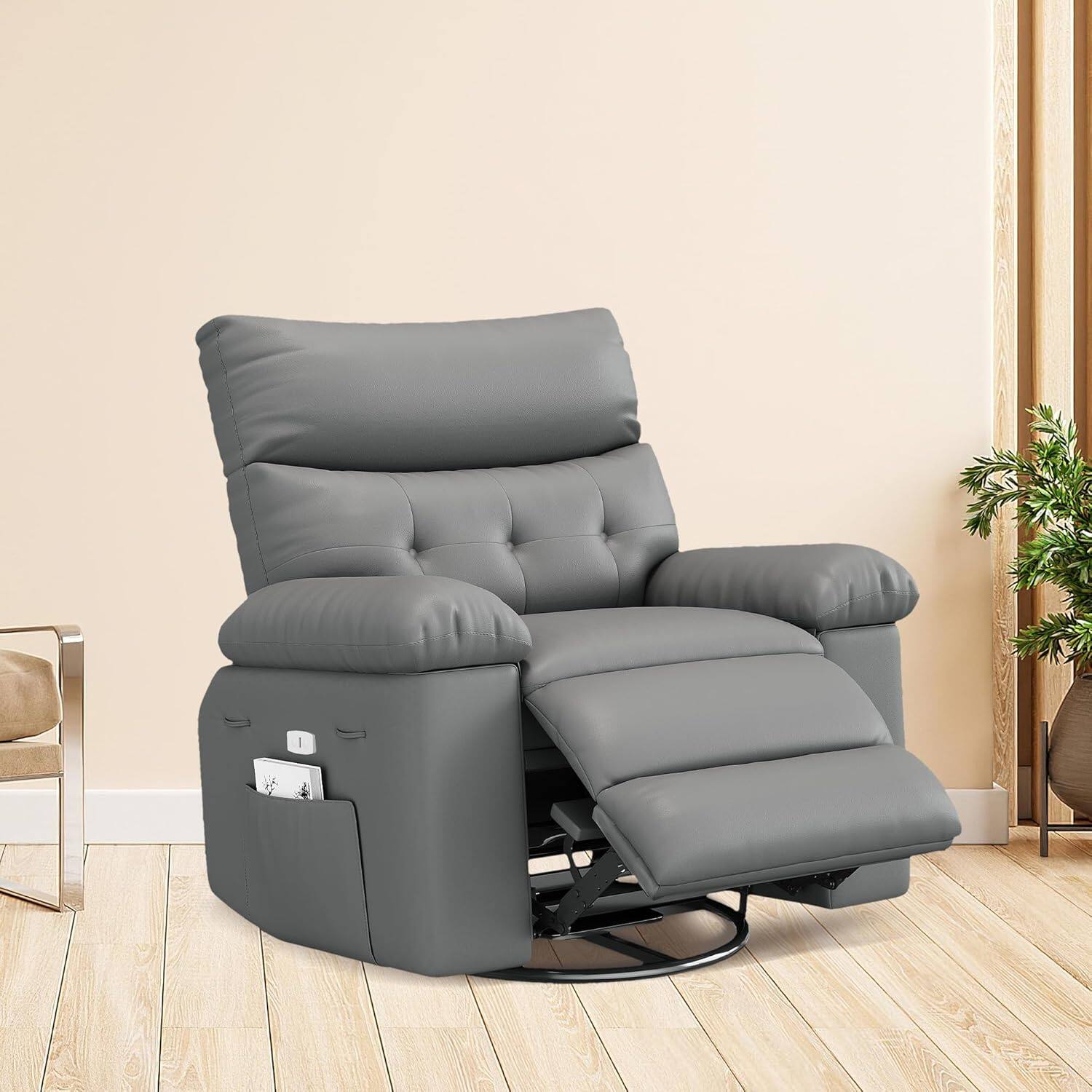 Front. Acekool - Power Recliner Chair with Massage and Heat,Leather Fabric Reclining Sofa Chair for Living Room, Bedroom, Nursery - Grey.
