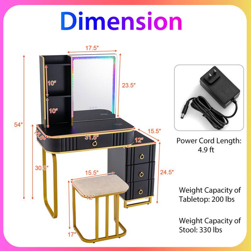 Dimension

17.5"
10"
23.5"
10"
54"
15.5"
31.5"
15.5" 12"
Power Cord Length: 4.91 ft
30.5"
15.5"
24.5"
12"
Weight Capacity of Tabletop: 200 lbs
17"
Weight Capacity of Stool: 330 lbs
