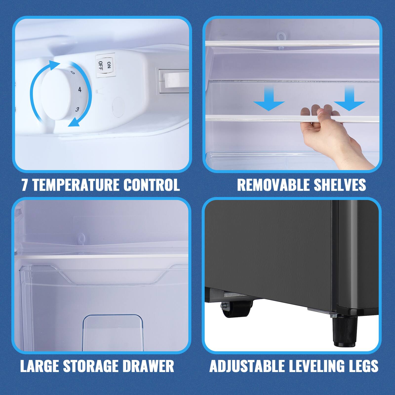 - 7 Temperature Control
- Removable Shelves
- Large Storage Drawer
- Adjustable Leveling Legs