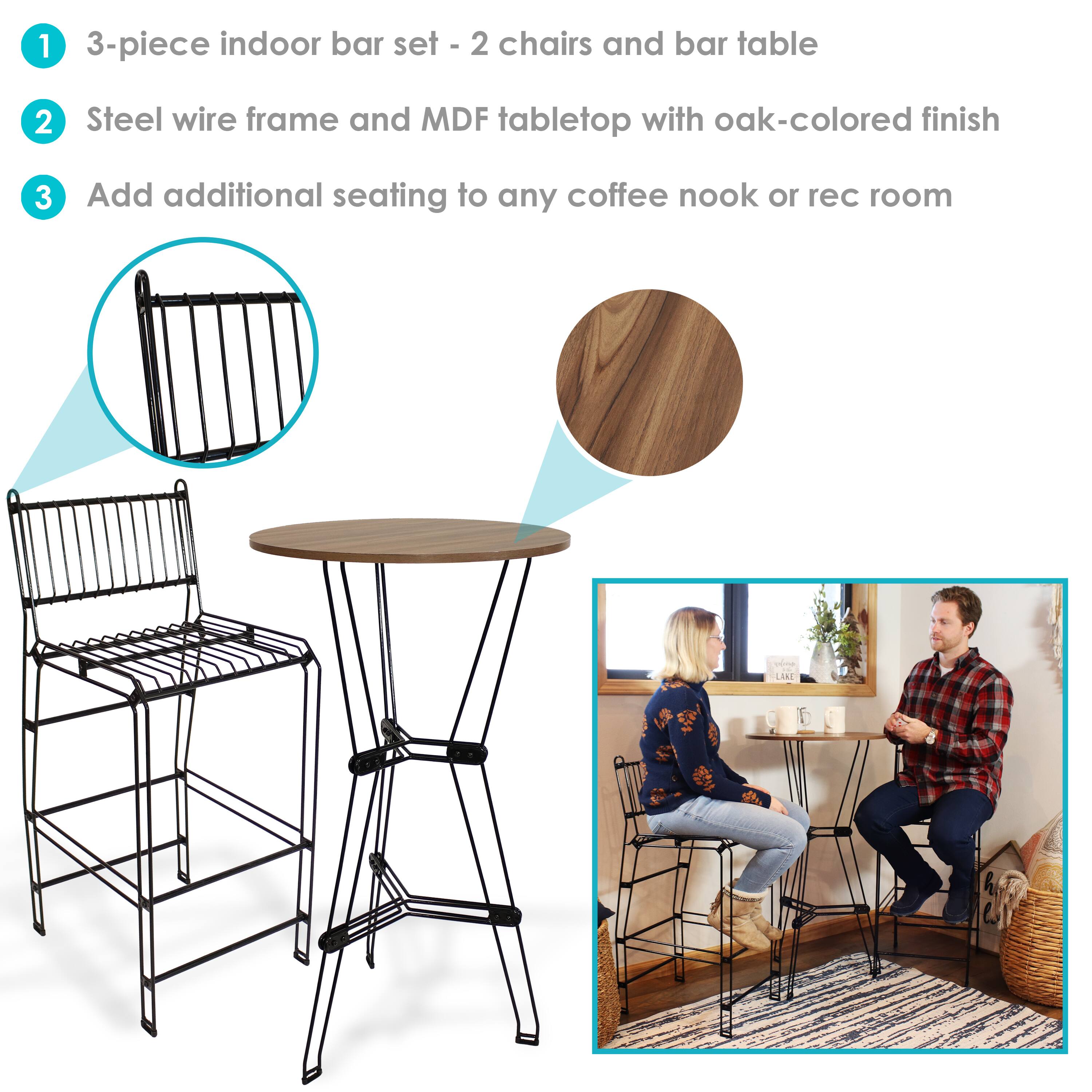 1. 3-piece indoor bar set - 2 chairs and bar table  
2. Steel wire frame and MDF tabletop with oak-colored finish  
3. Add additional seating to any coffee nook or rec room