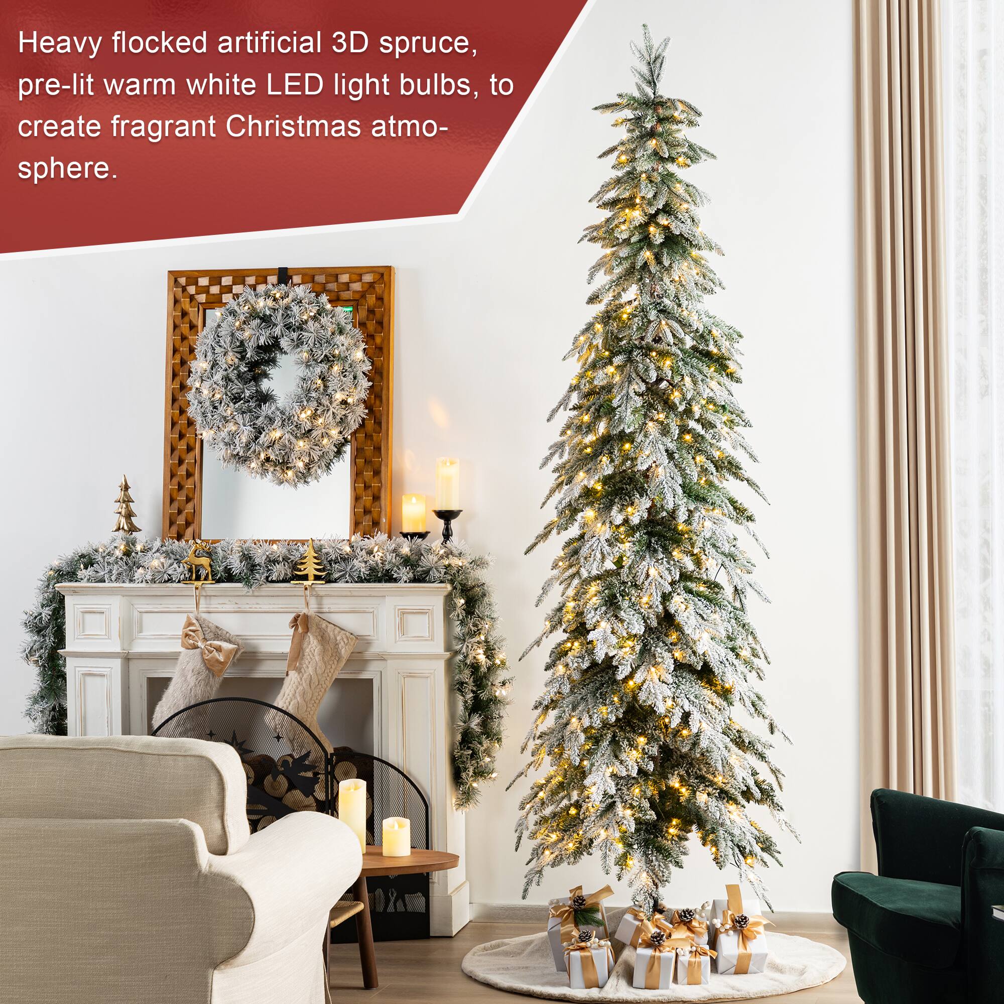 Heavy flocked artificial 3D spruce, pre-lit warm white LED light bulbs, to create fragrant Christmas atmosphere.
