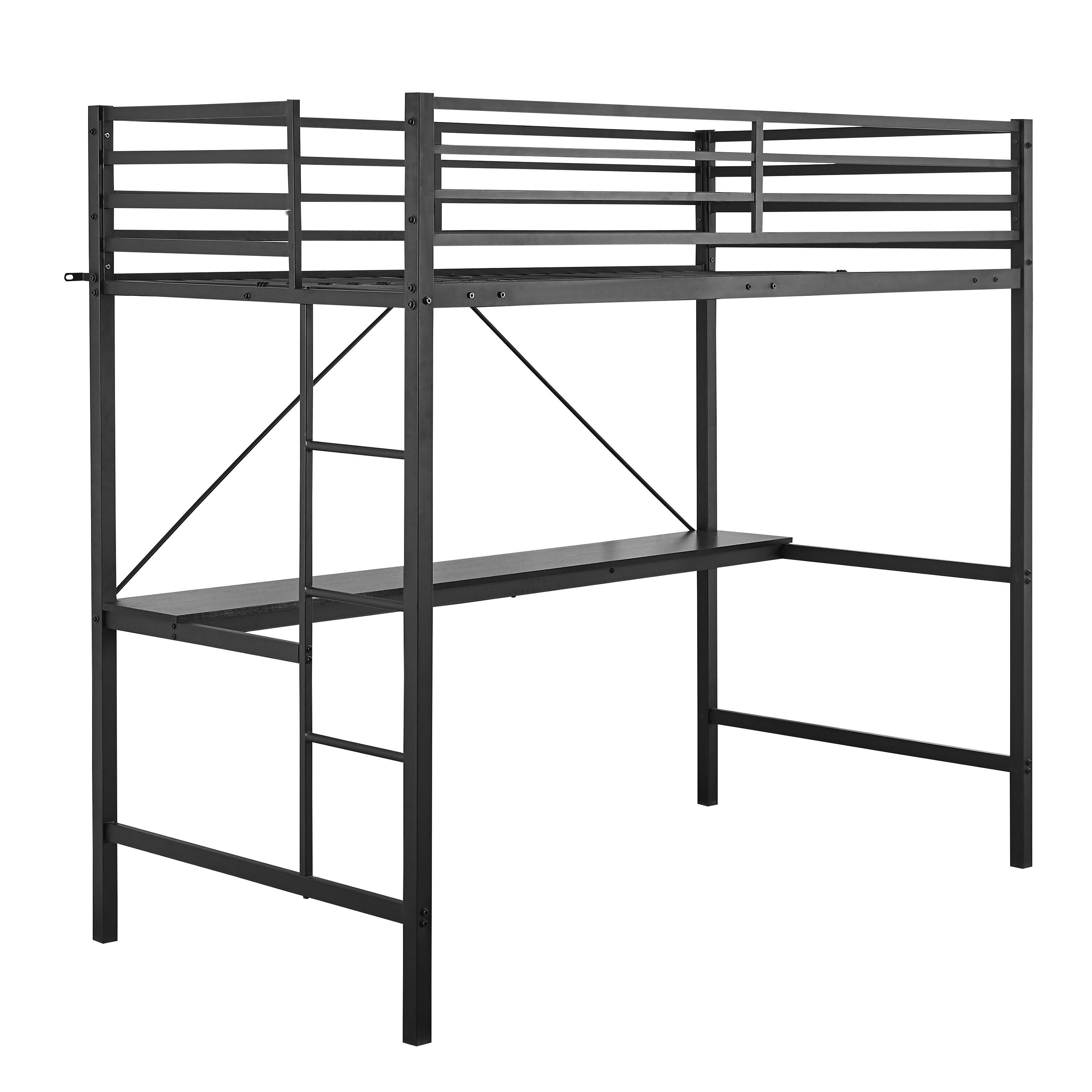 Alt View 1. Emma + Oliver - Jensen Metal Loft Bed Frame with Desk, Protective Guard Rails and Ladder for Kids, Teens and Adults - Black.