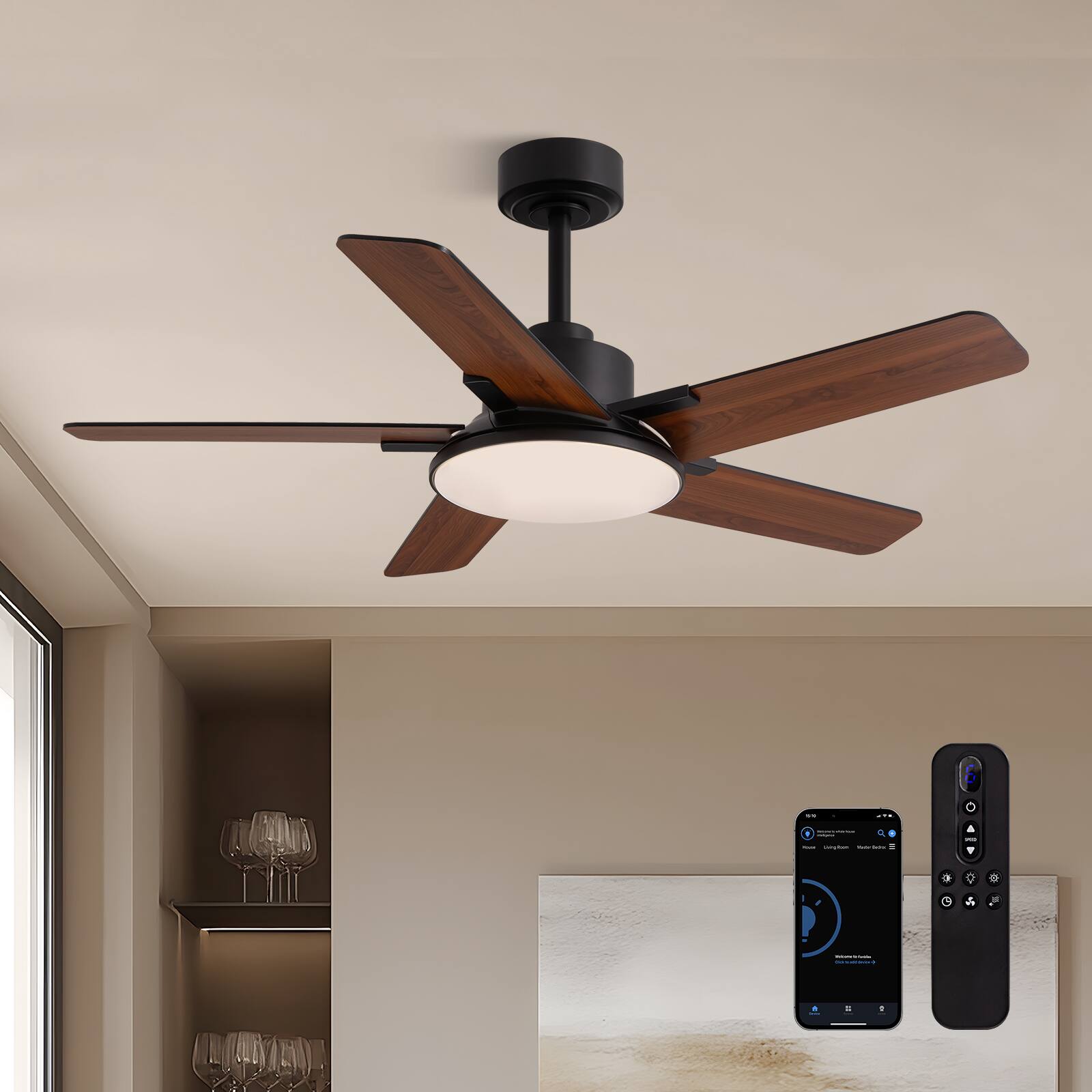 Siljoy - 44-in Ceiling Fan with LED Light and Remote Control Include (5 Blades) For Bedroom Living Room and kitchen - Black